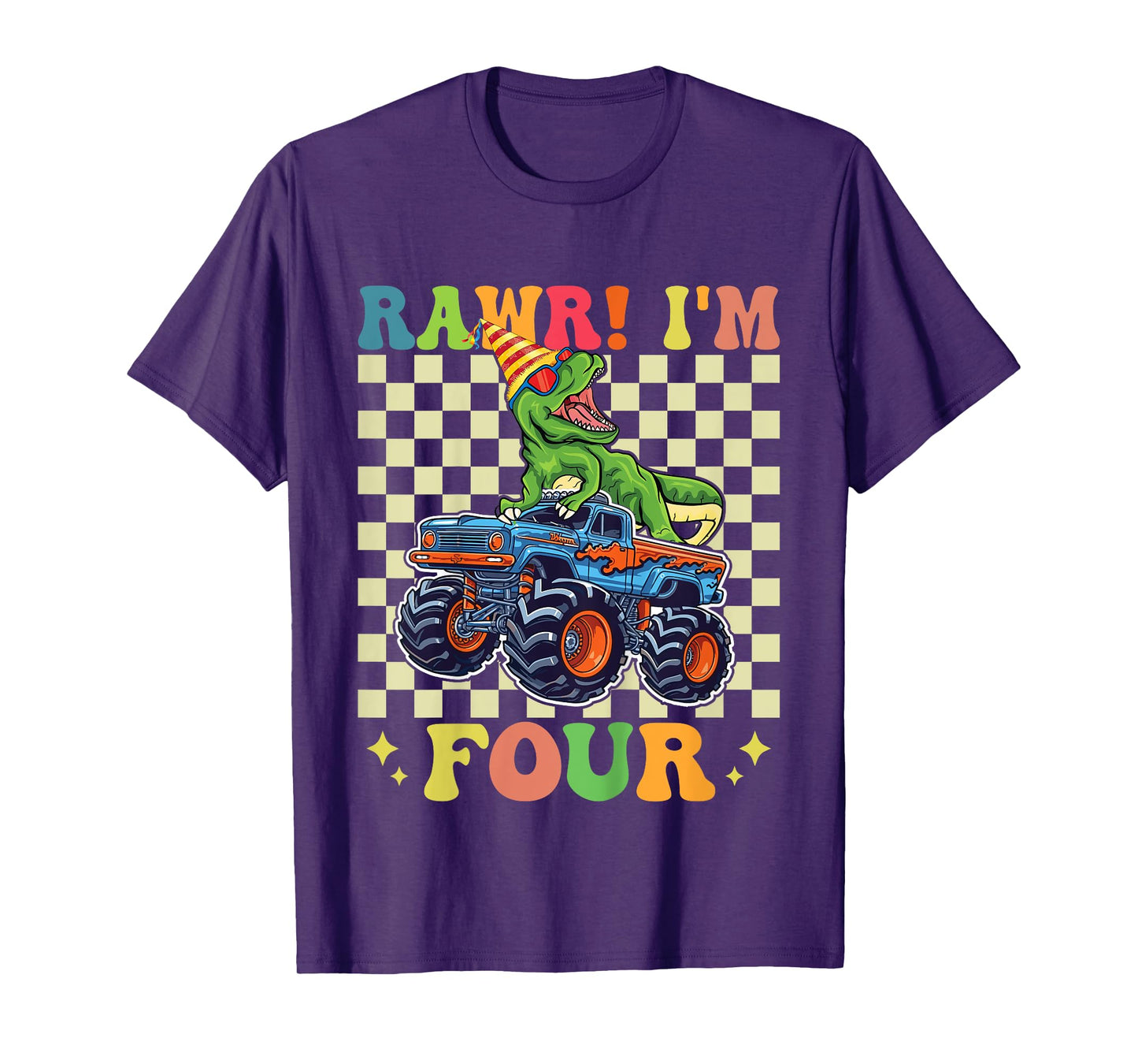 Kids 4th Birthday Monster Truck Dinosaur Party Boys Rawr I'm 4 T-Shirt