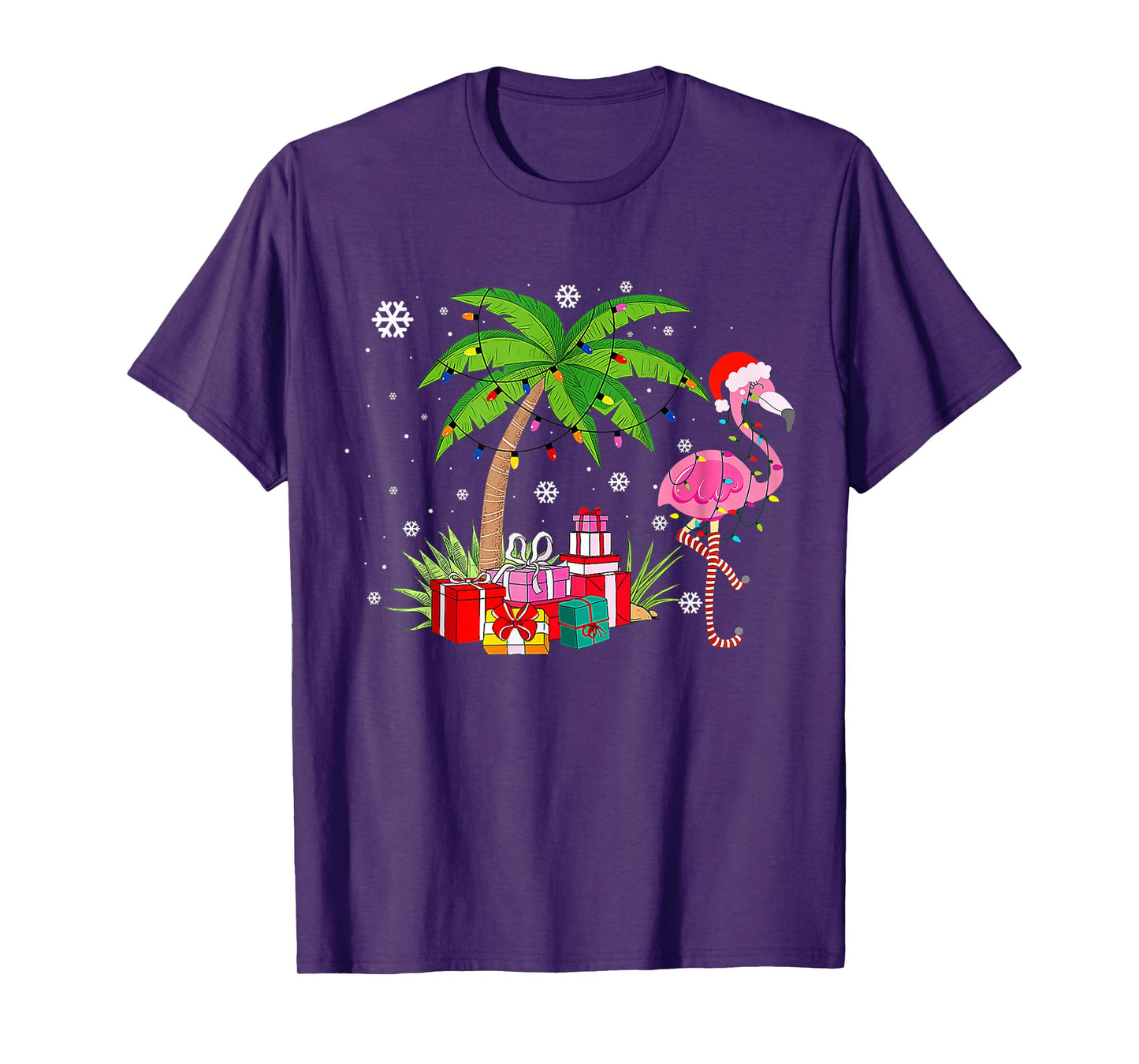 Pink Flamingo Christmas Palm Tree Tropical Xmas Funny T-Shirt