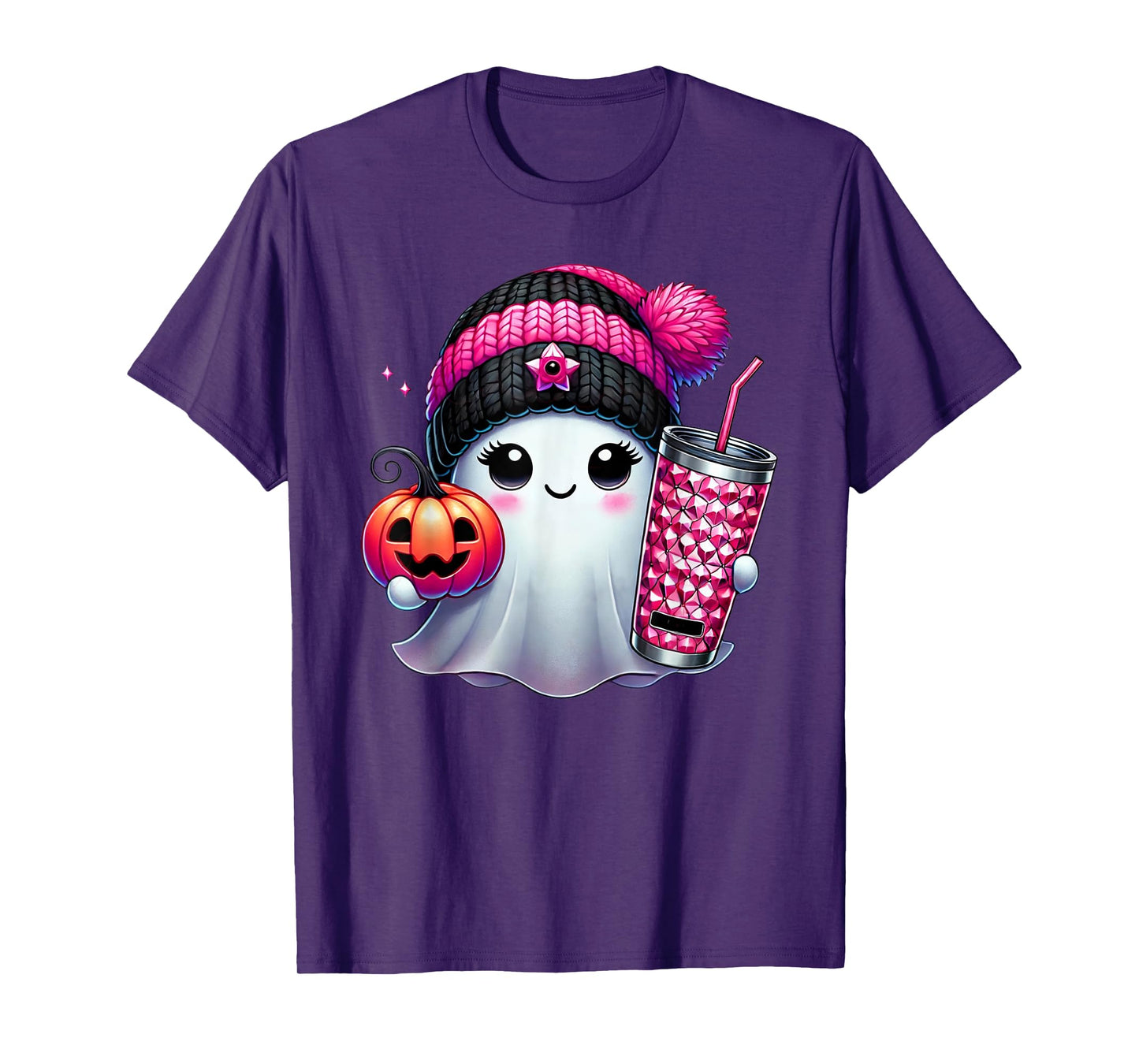 Cute Ghost Drinking Coffee Halloween Ghost Ice Coffee Womens T-Shirt