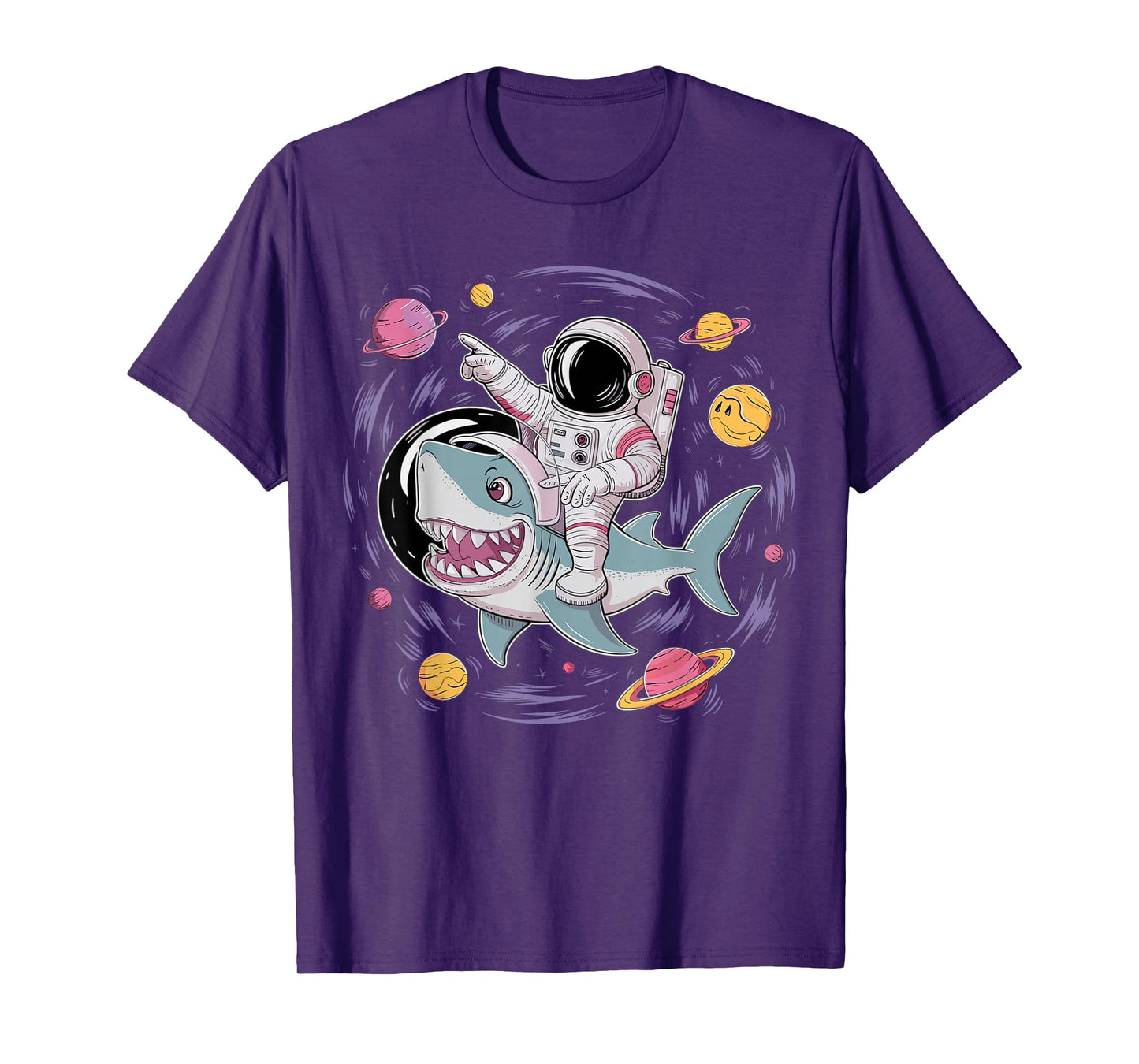 Astronaut Riding Shark Birthday Party in Outer Space T-Shirt