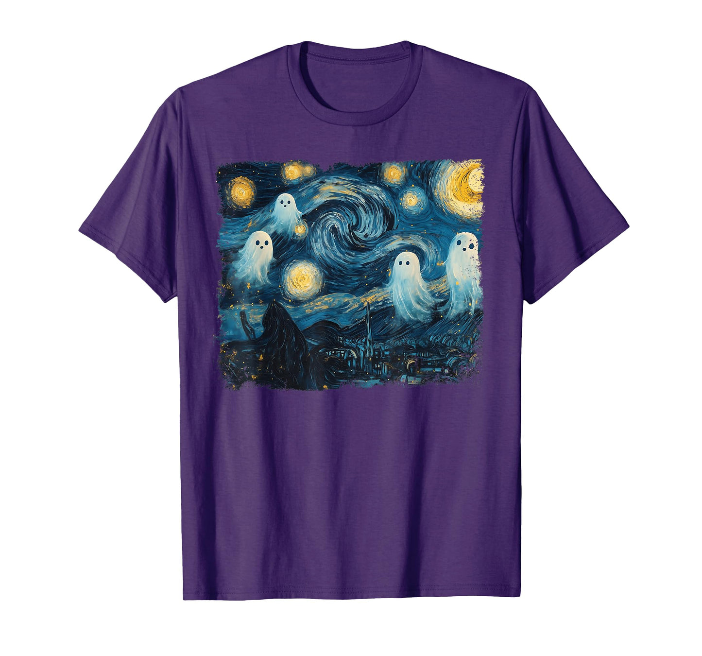 Cute Ghost Starry Night Halloween Spooky Retro Van Gogh Art T-Shirt