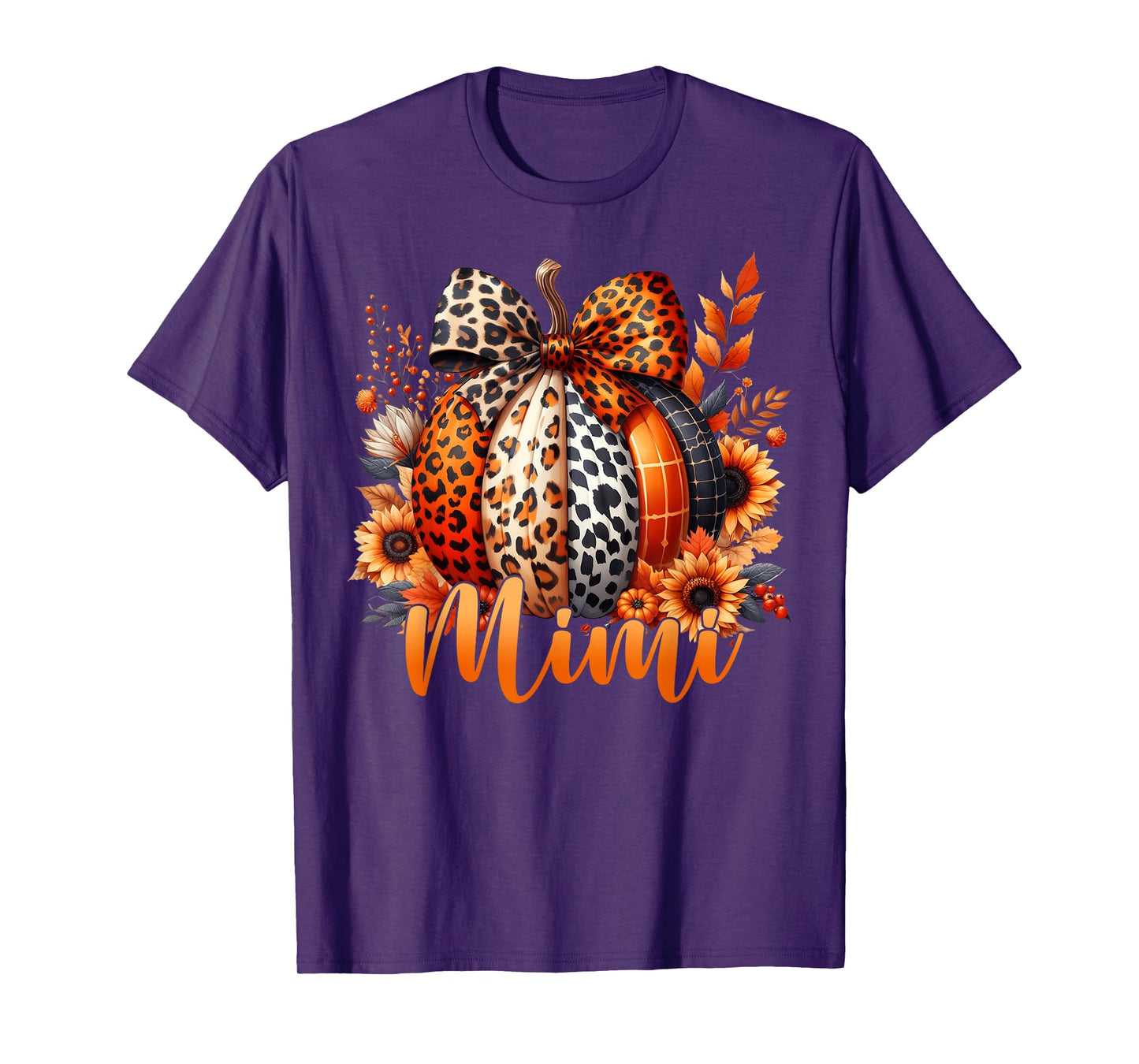 Mimi Thanksgiving Leopard Pumpkin Sunflower Coquette Bow T-Shirt