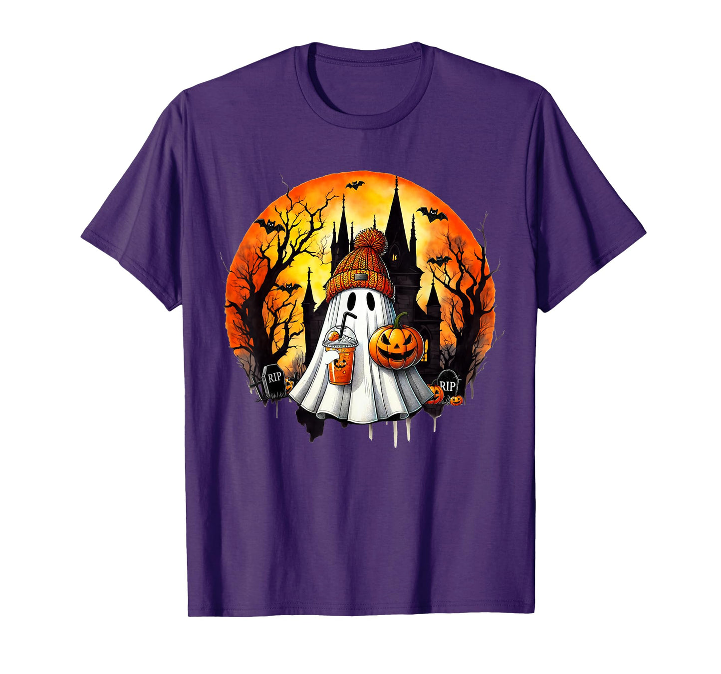 Cute Ghost Drinking Coffee Halloween Ghost Ice Coffee Womens T-Shirt