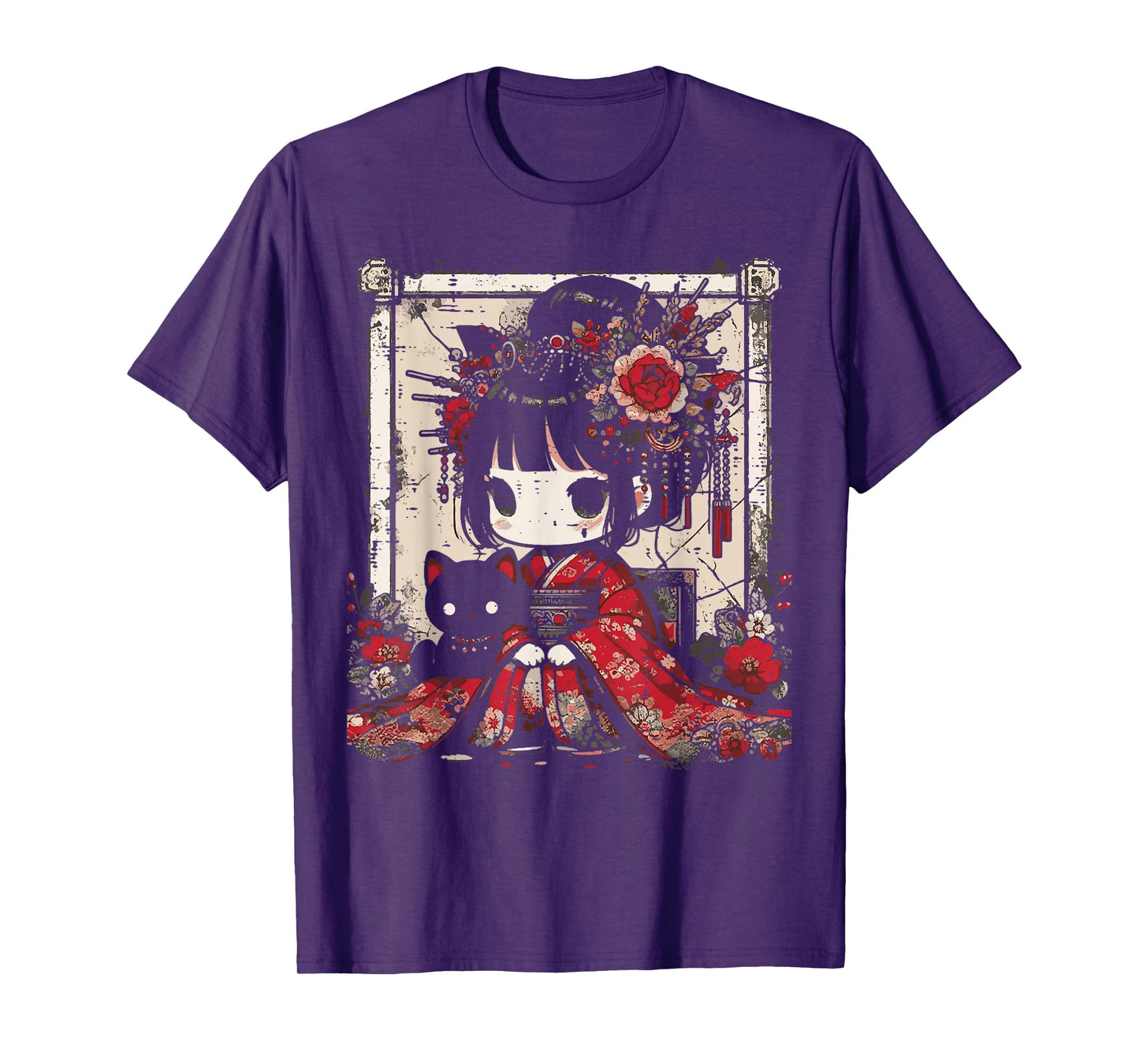 Chibi Kimono Girl Black Cat Flowers Japanese Art Women Kids T-Shirt