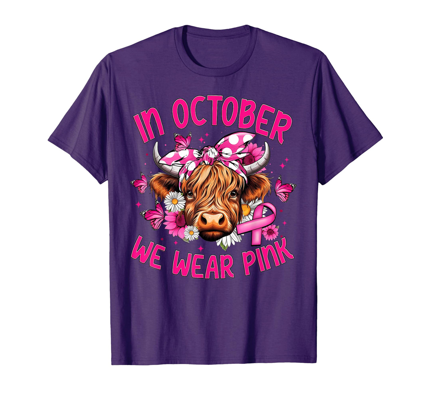 In October We Wear Pink Highland Cow Breast Cancer Awareness T-Shirt