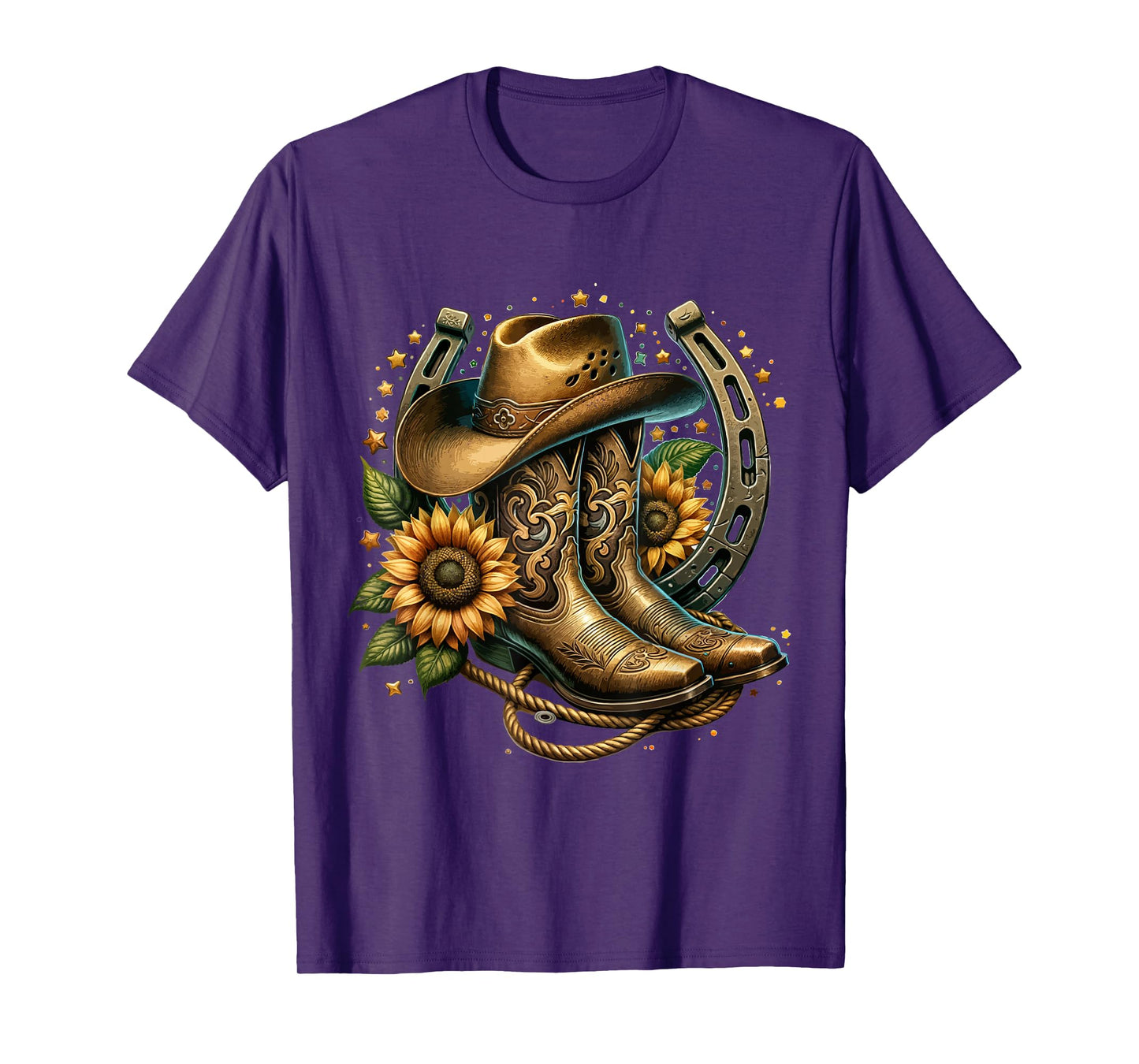 Vintage Rustic Western Country Cowboy Boot Art Tee - Women's Western Themed Floral Boot, Rope & Hat T-Shirt - Black, Small
