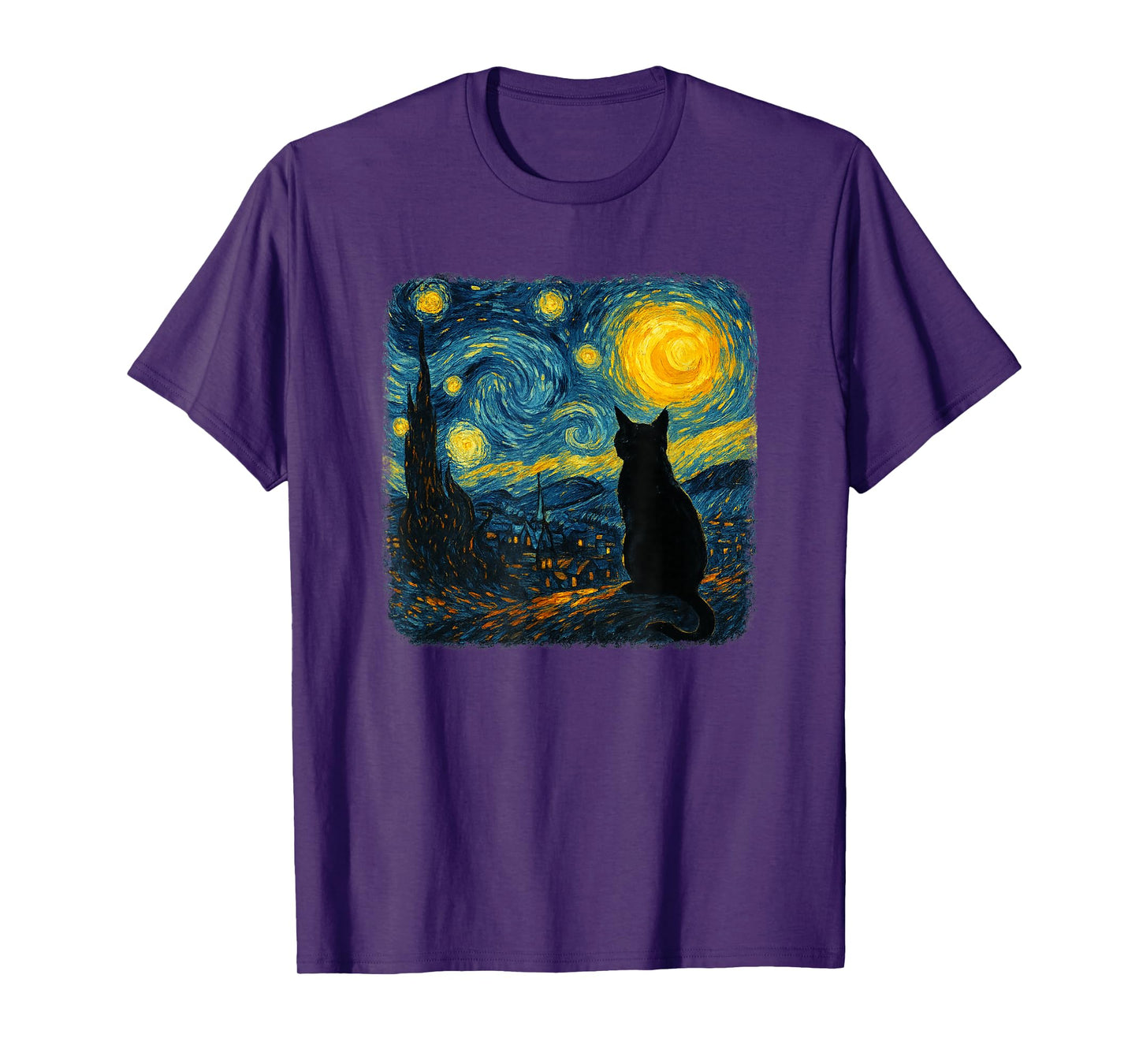 Funny Black Cat Starry Night Parody Painting Cat Lovers T-Shirt