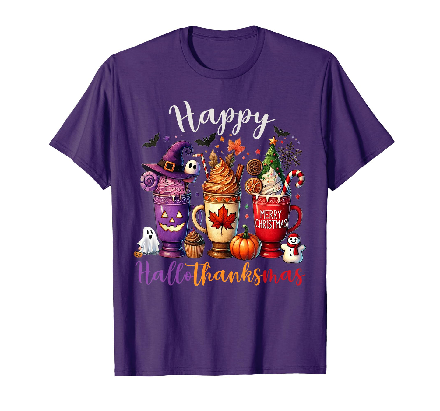 Happy Hallothanksmas Coffee Lover Halloween Merry Christmas T-Shirt