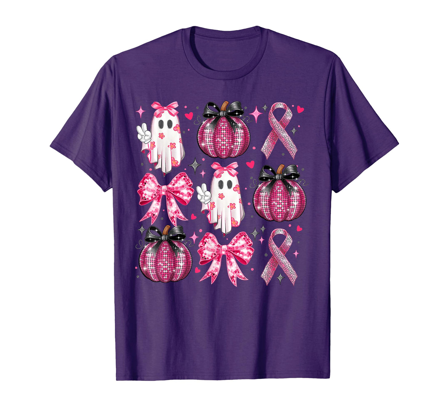 Halloween Pumpkin Pink Ribbon Disco Ghost Bow Breast Cancer T-Shirt