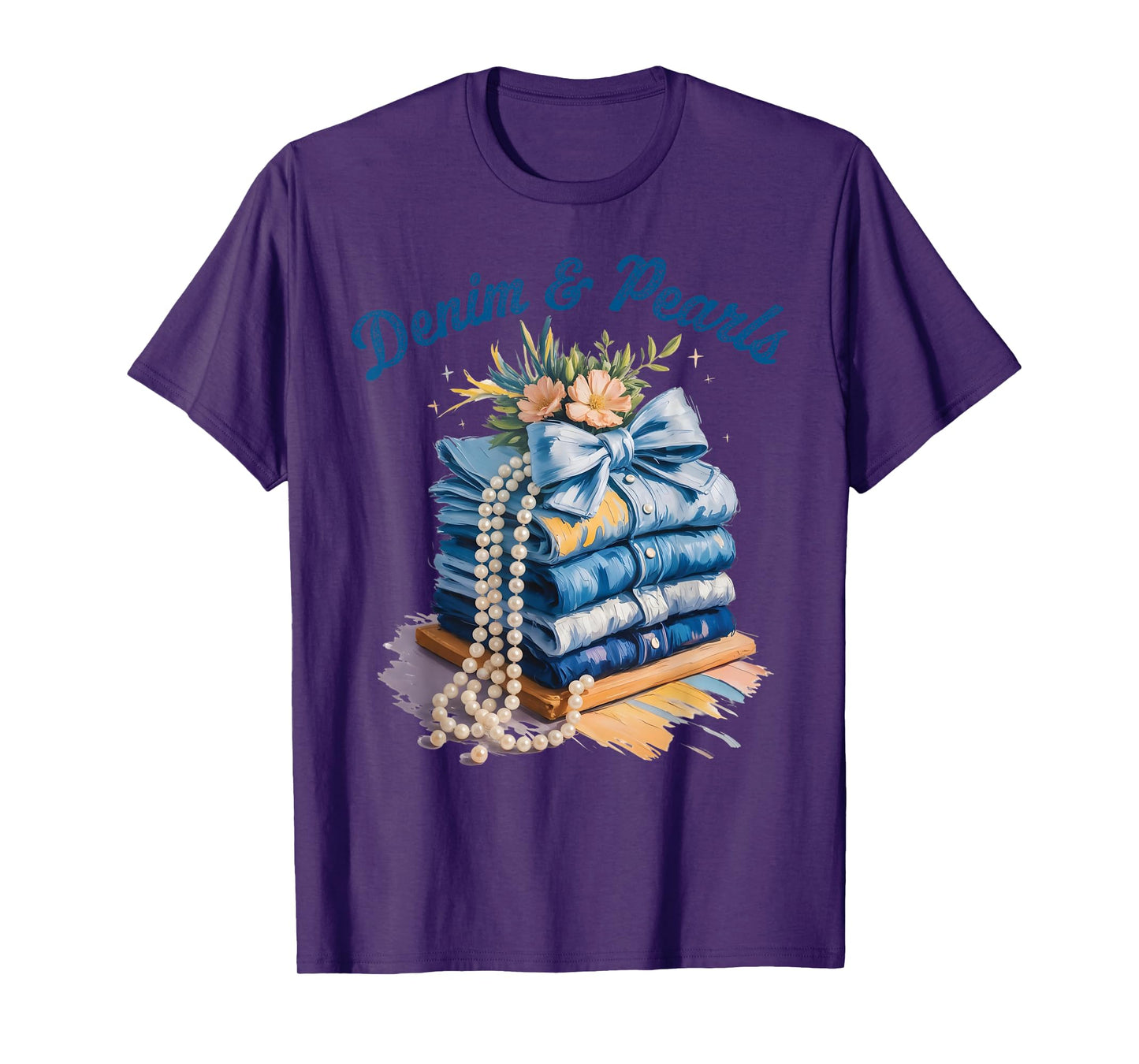 Pearls & Denim 2025 Oilpaint Style Outfit for Stylish Women T-Shirt