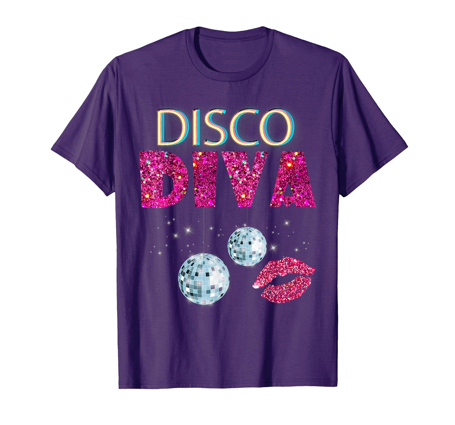 Disco Diva Ladies Disco Gold Ball Silver Red Lips T-Shirt