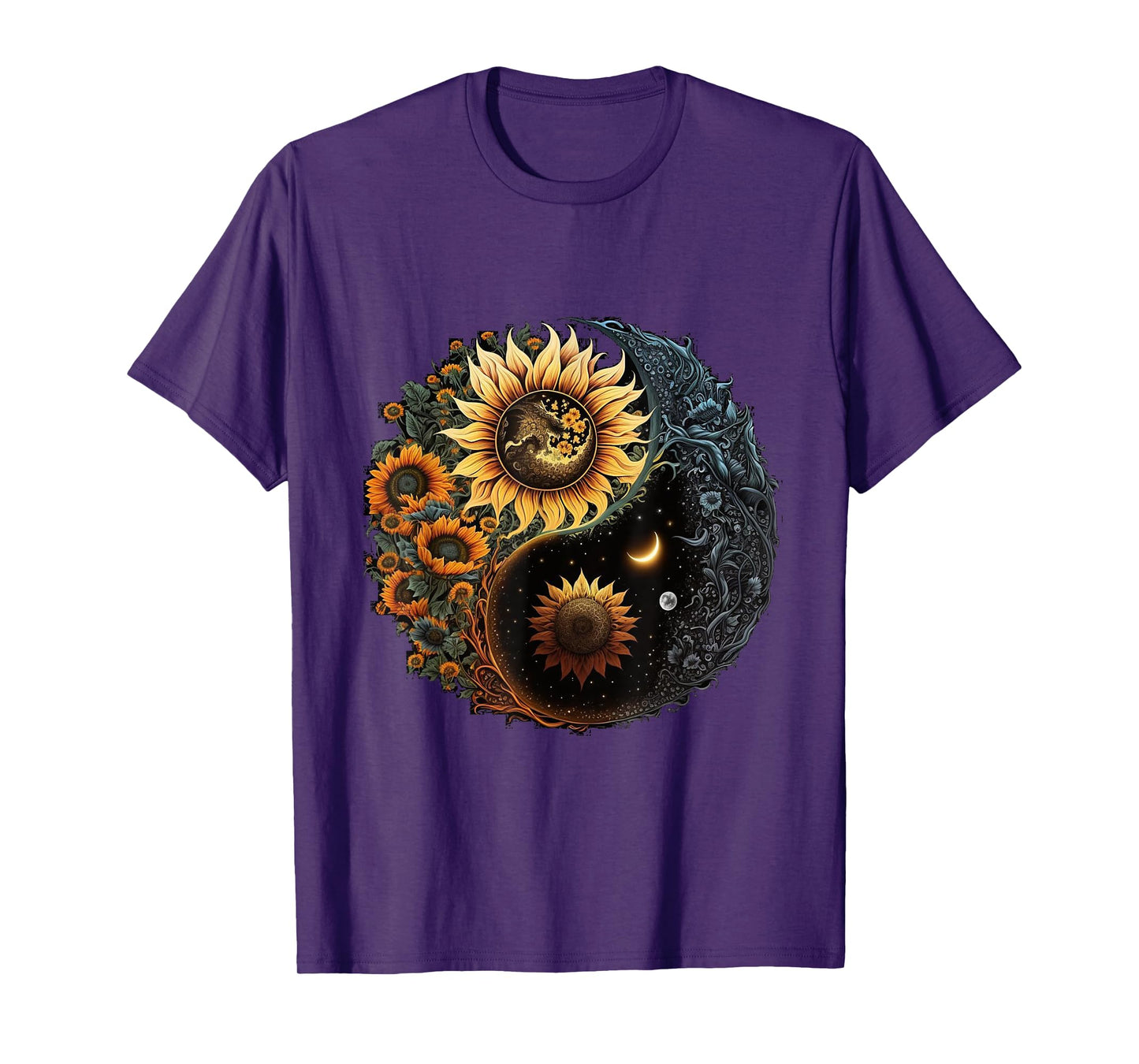 Yin And Yang Aesthetic Sunflower And Crescent Moon Art T-Shirt