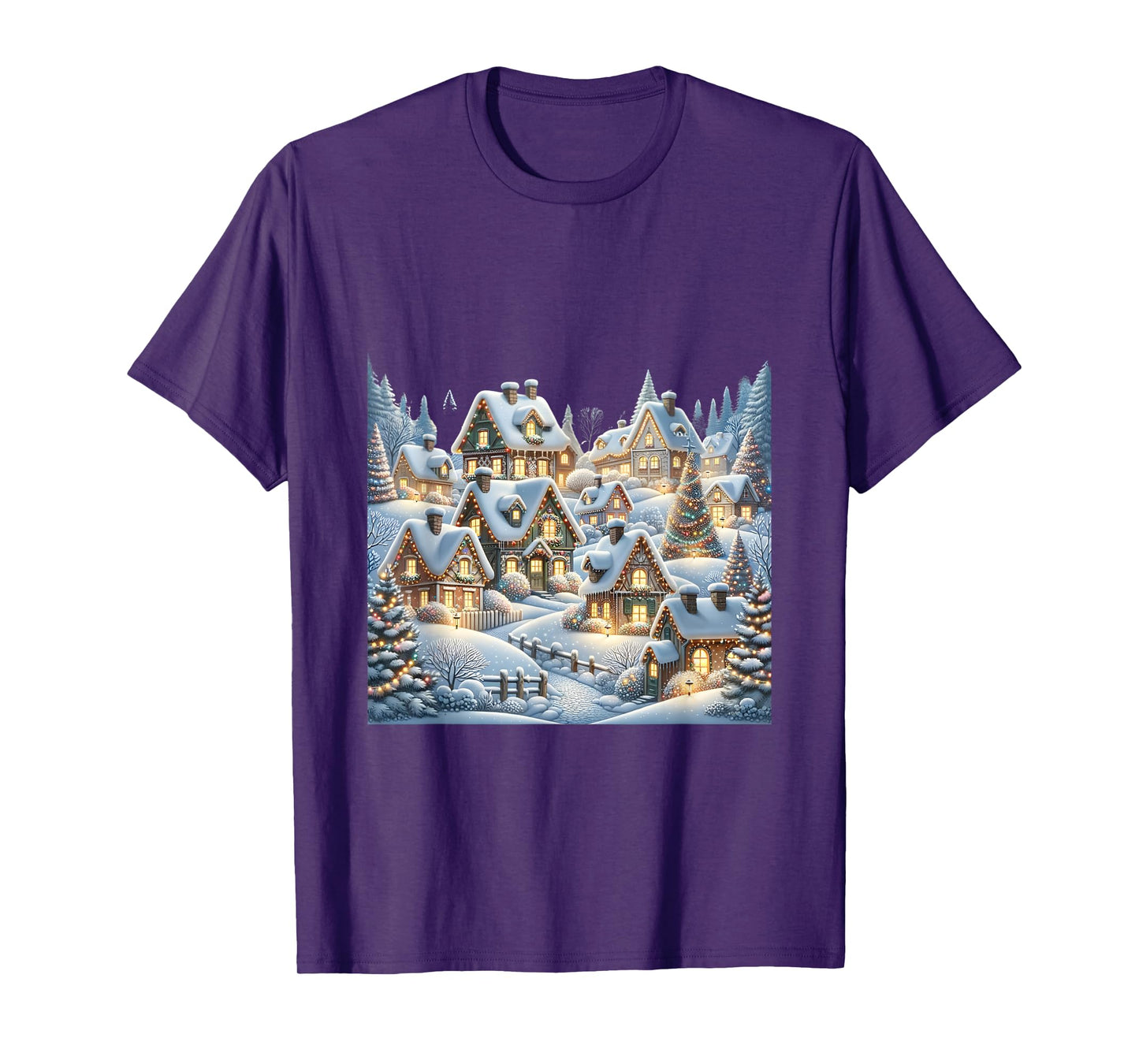Winter Village Snow Covered Cottages Christmas Lights Scene T-Shirt