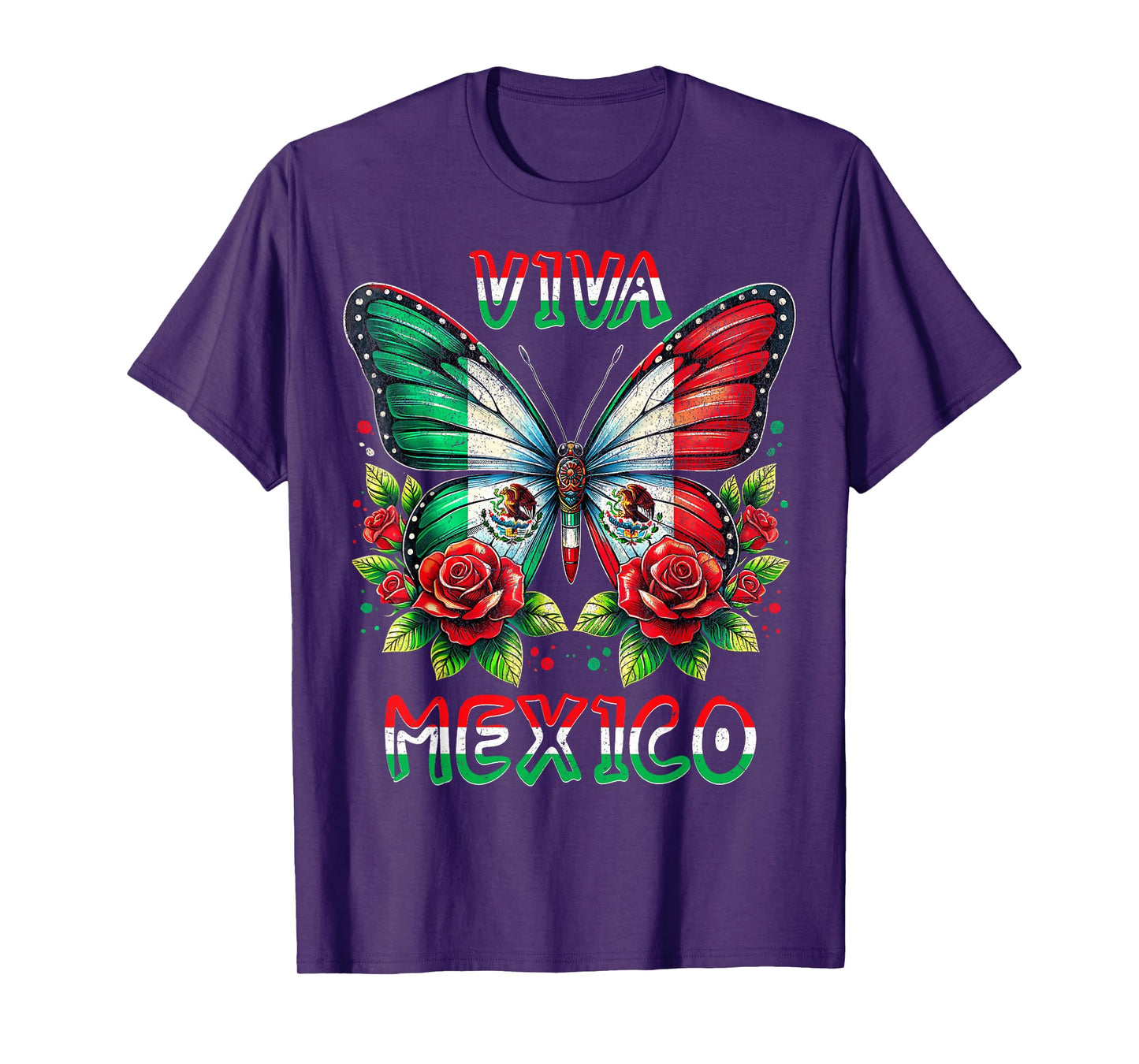 Viva Mexico Mexican Flag Butterfly Roses Independence Day T-Shirt