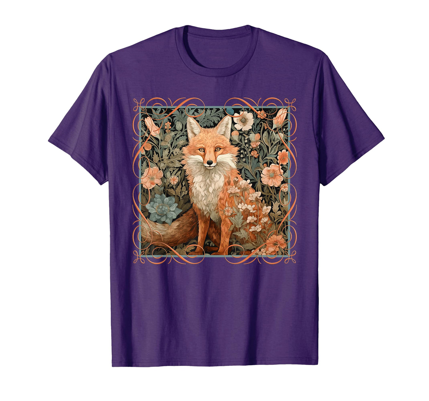 Red Fox in a William Morris Style Garden T-Shirt