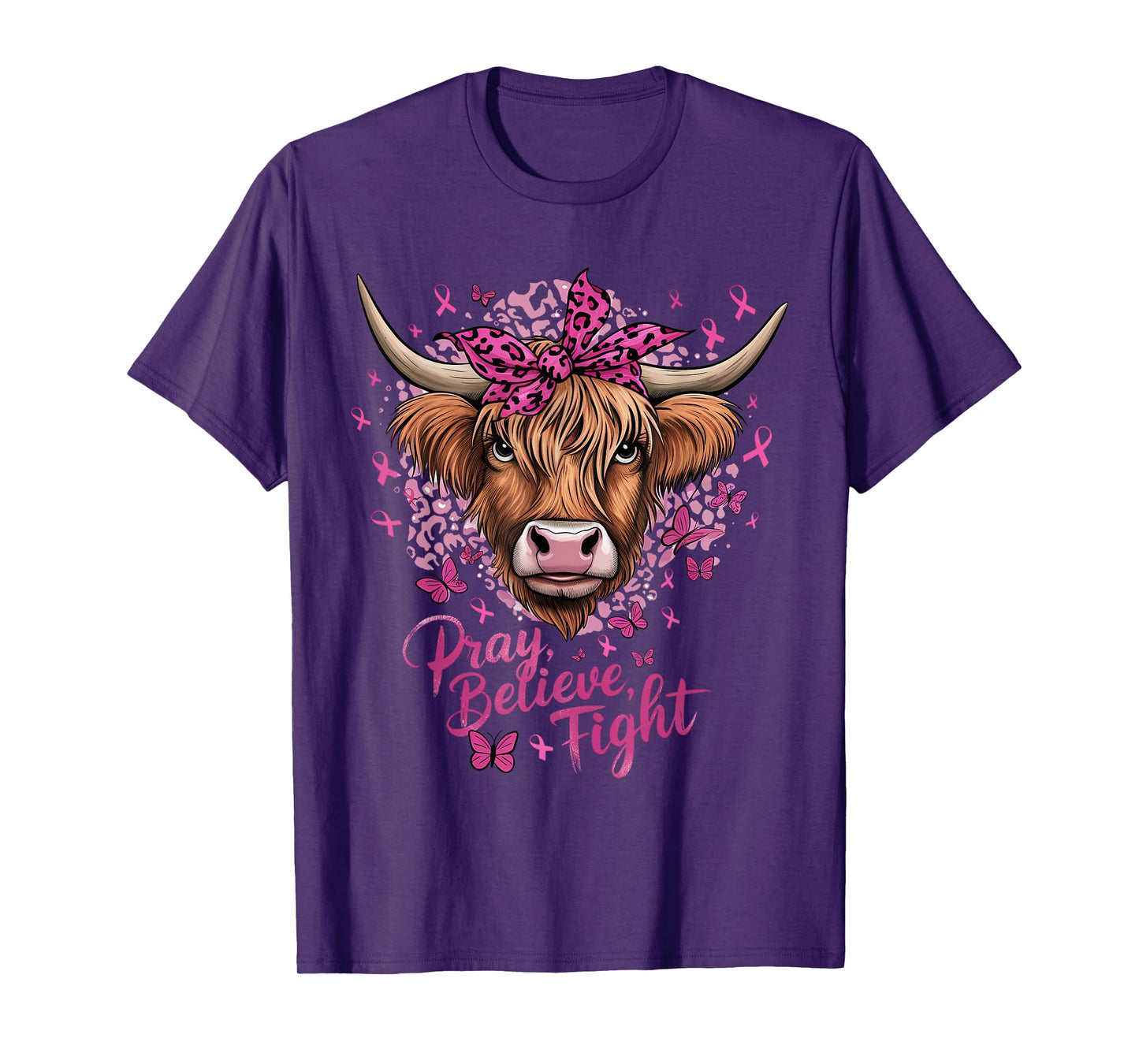 Highland Cow Pink Ribbon Breast Cancer Awareness T-Shirt