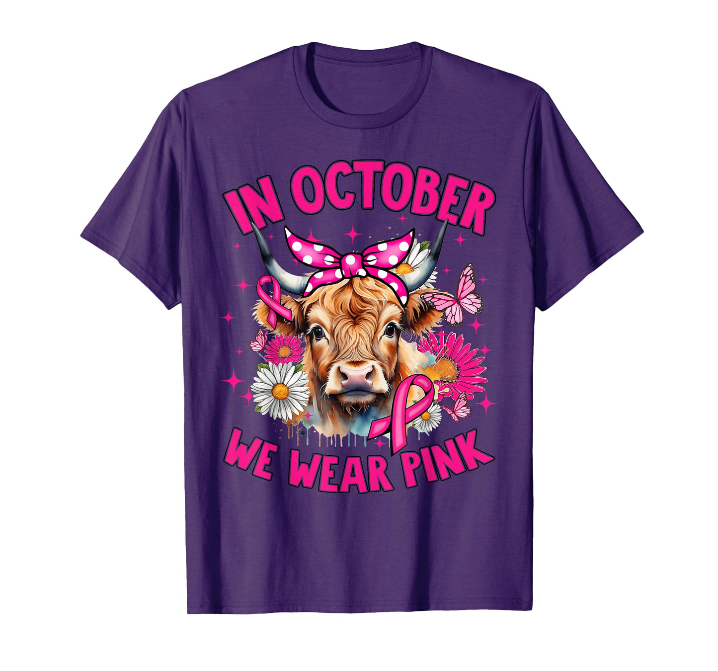 Highland Cow In October We Wear Pink Breast Cancer Month T-Shirt