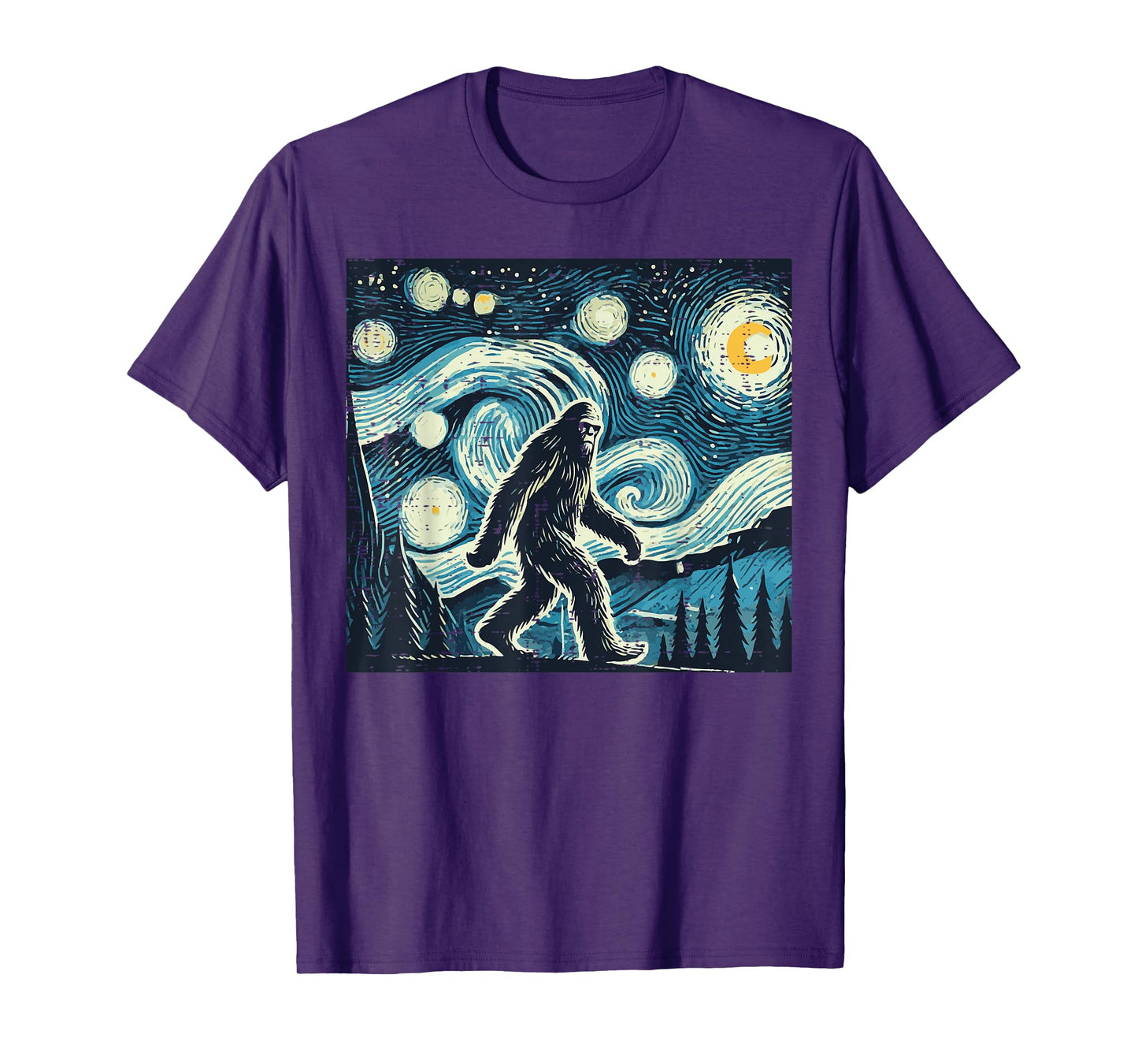 Bigfoot Starry Night Funny Sasquatch Art Paint Women Men Kid T-Shirt