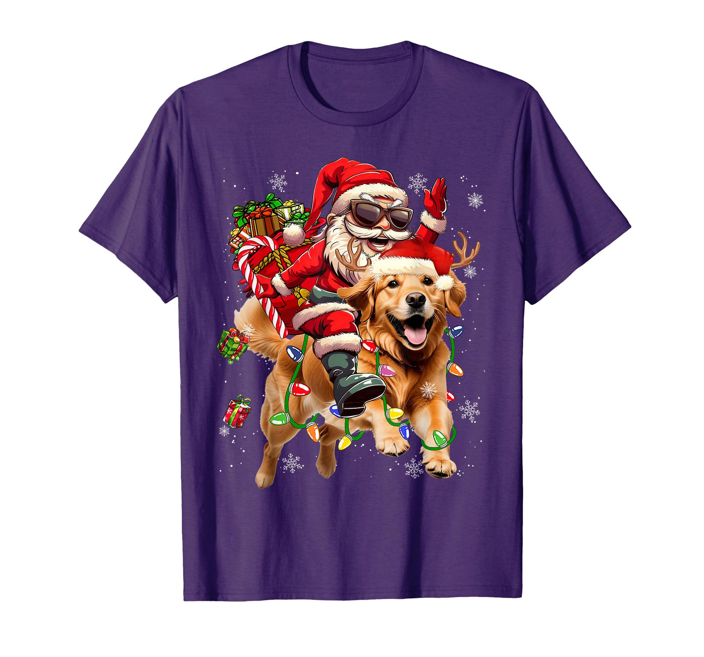 Merry Christmas 2025 Santa Riding Golden Retriever Dog Xmas T-Shirt