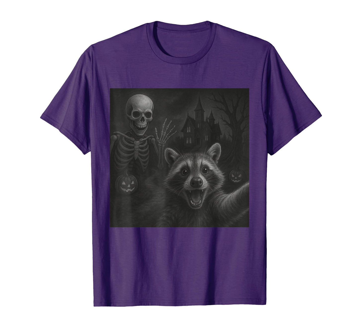 Raccoon Selfie With Skeleton Funny Raccoon Halloween Graphic T-Shirt
