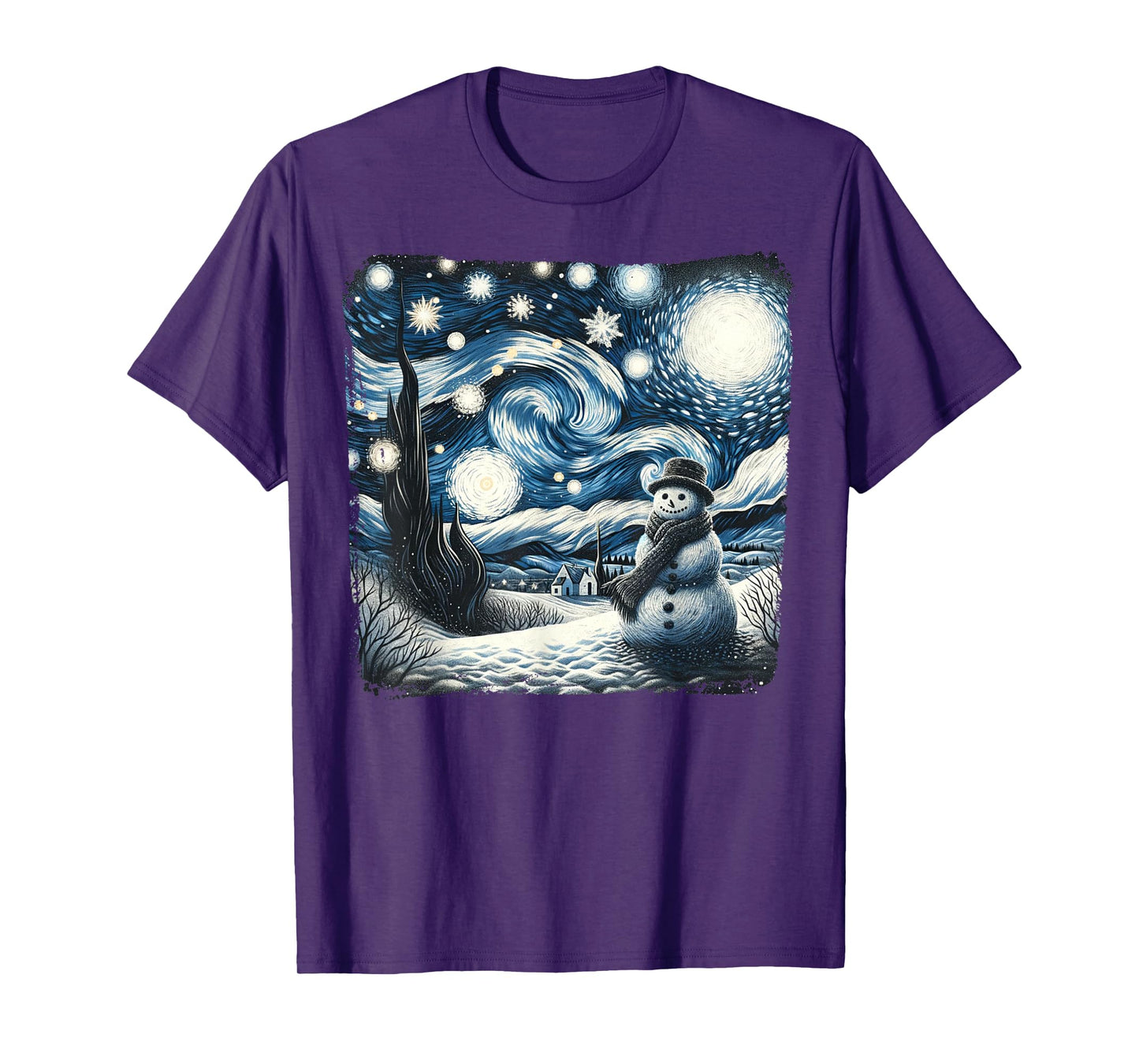 Van Gogh Starry Night Christmas Snowman Winter Snowy Night T-Shirt