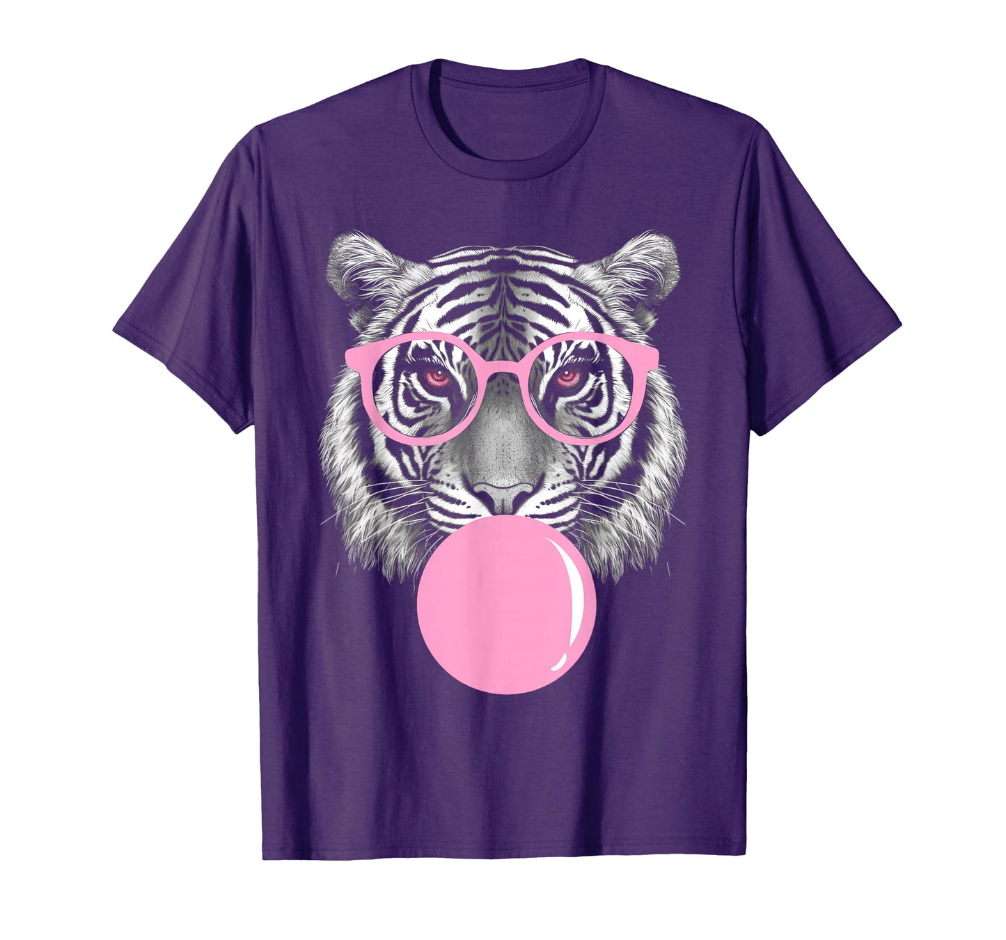 Funny Tiger Wearing Glasses and Blowing Pink Bubble Gum T-Shirt