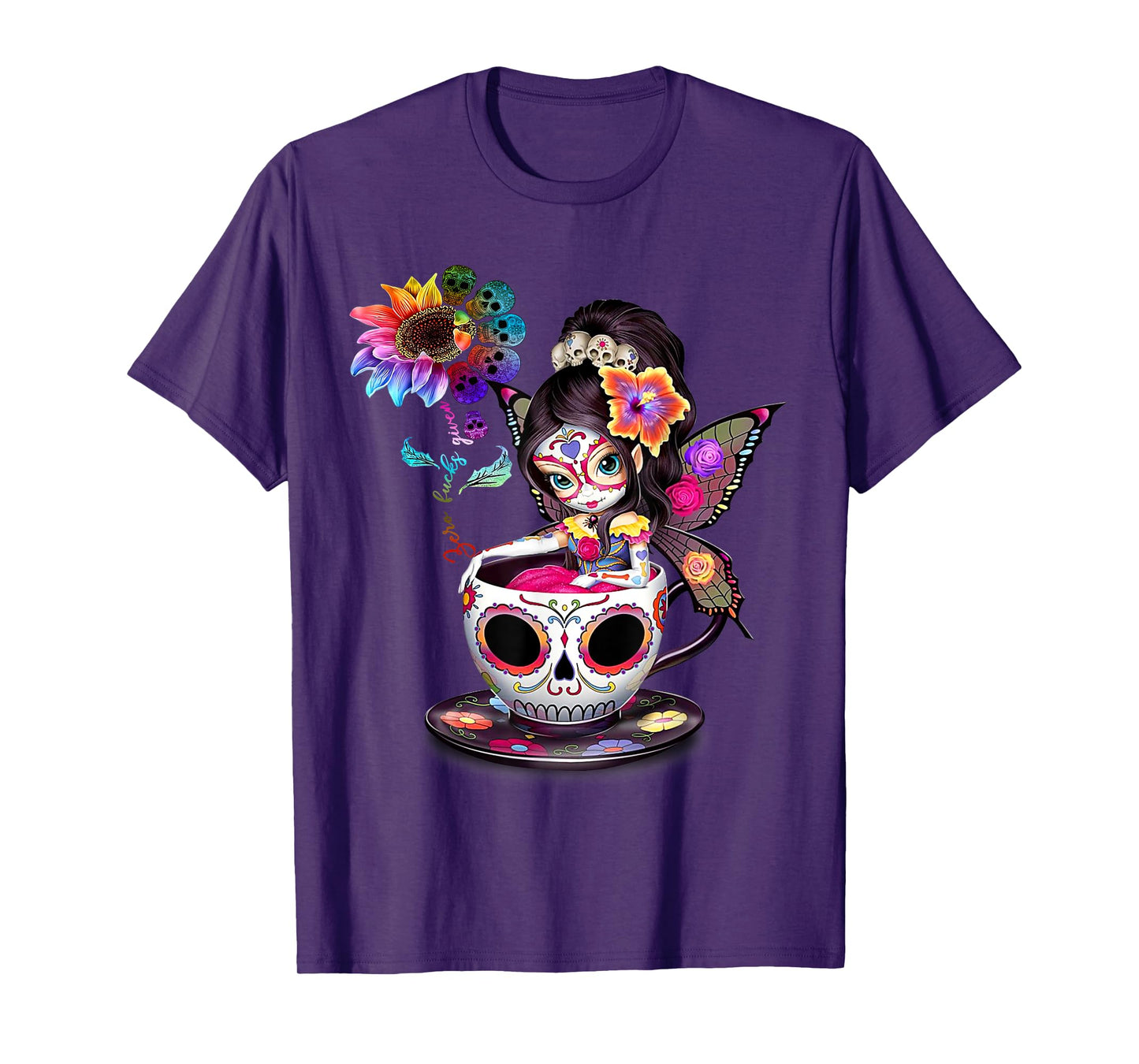 Zero Fucks Given Sugar Skull Rainbow Sunflower Skeleton T-Shirt
