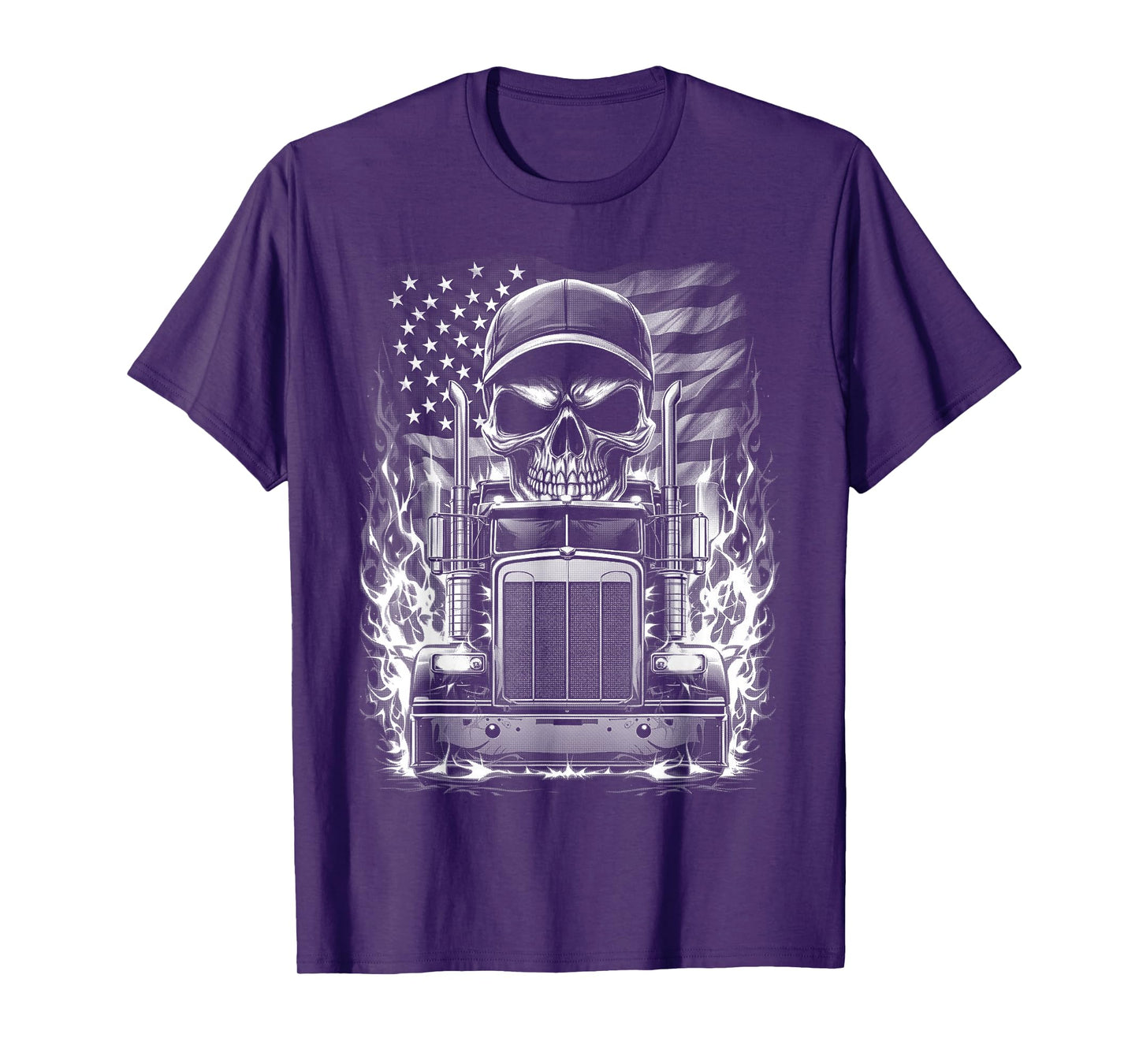 Trucker Patriotic American Flag Semi Truck Driver Skull T-Shirt