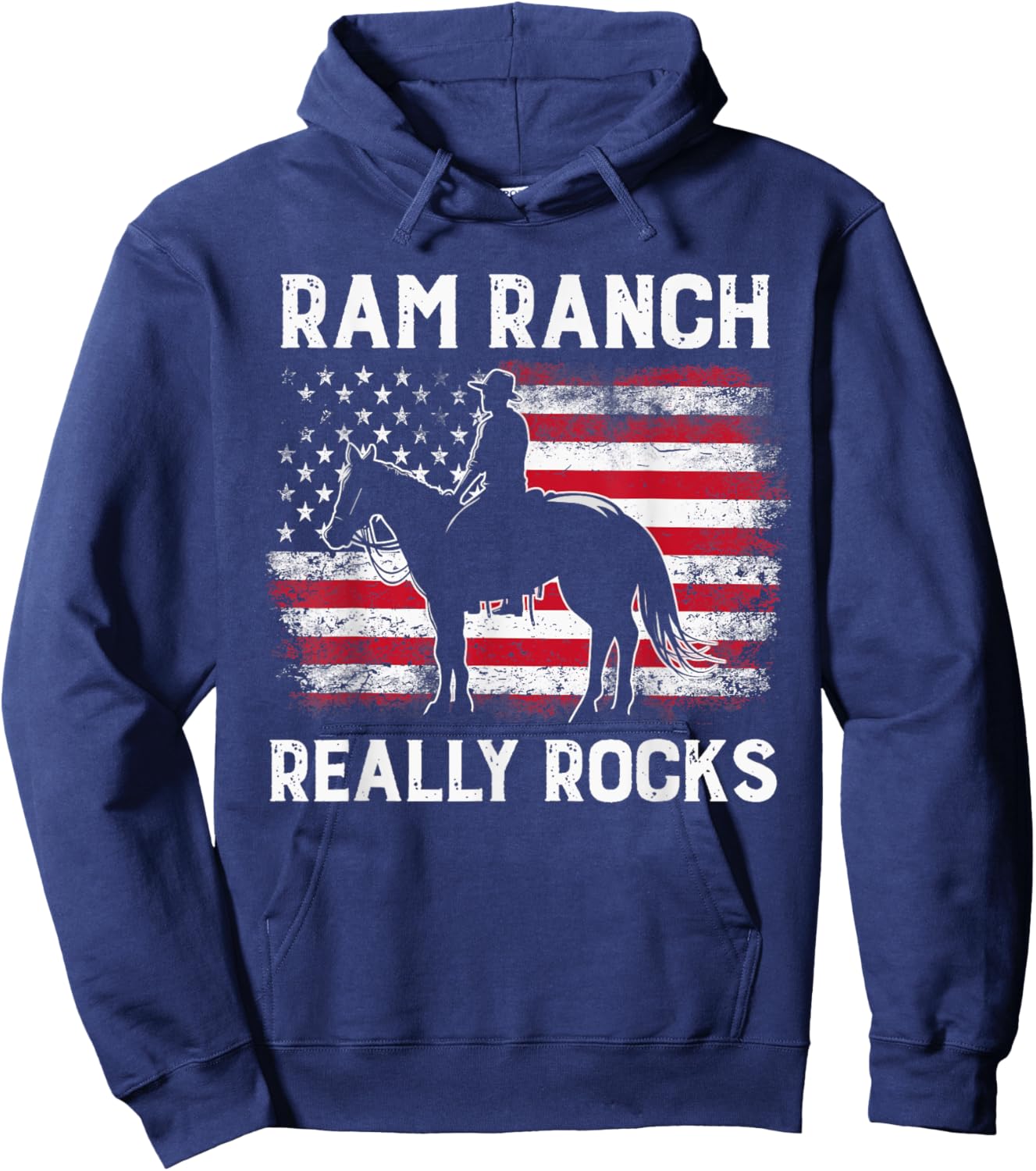 Ram Ranch Really Rocks Western Cowboy Horseback USA Flag Hoodie - Hoodie | Navy