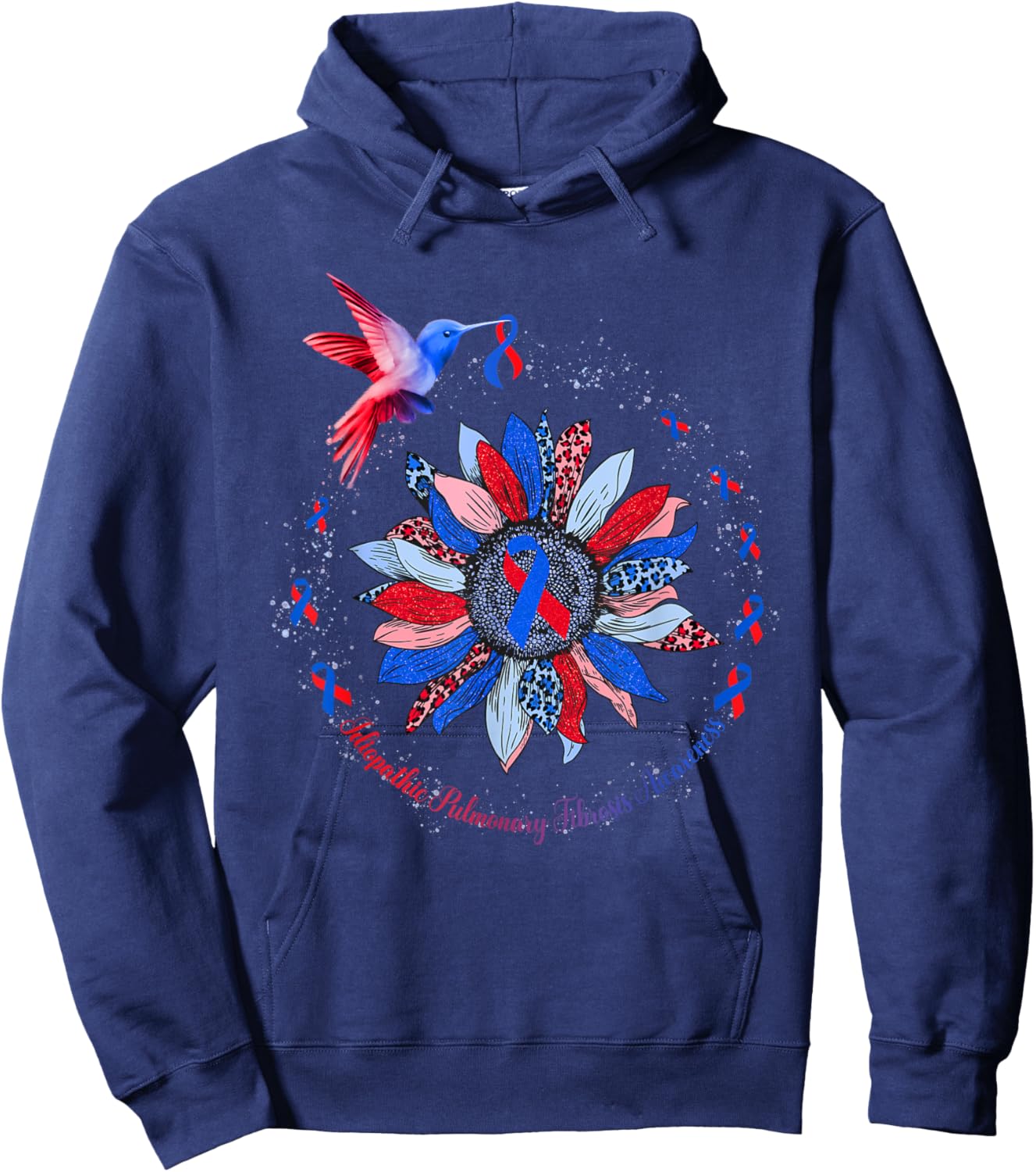 Sunflower Hummingbird Red Blue Ribbon Idiopathic Pulmonary Hoodie - Hoodie | Navy