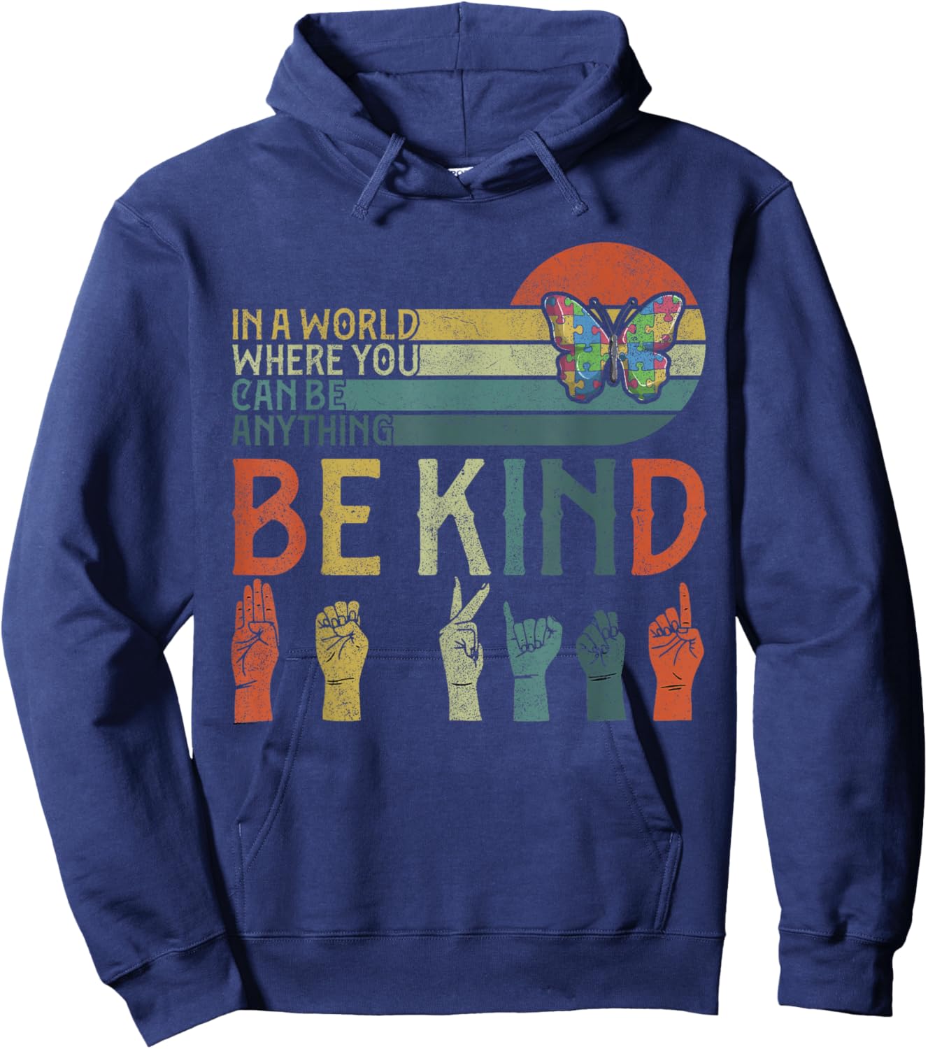ASL Be Kind , Autism Awareness Butterfly Boy Kid Girl Hoodie - Hoodie | Navy