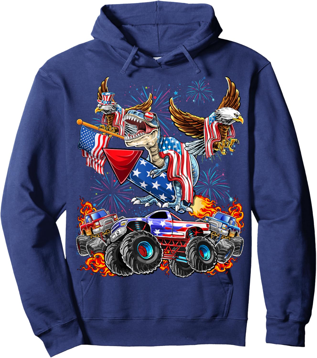 4th of July Dinosaur Monster Truck Bald Eagle American Flag Hoodie - Hoodie | Navy
