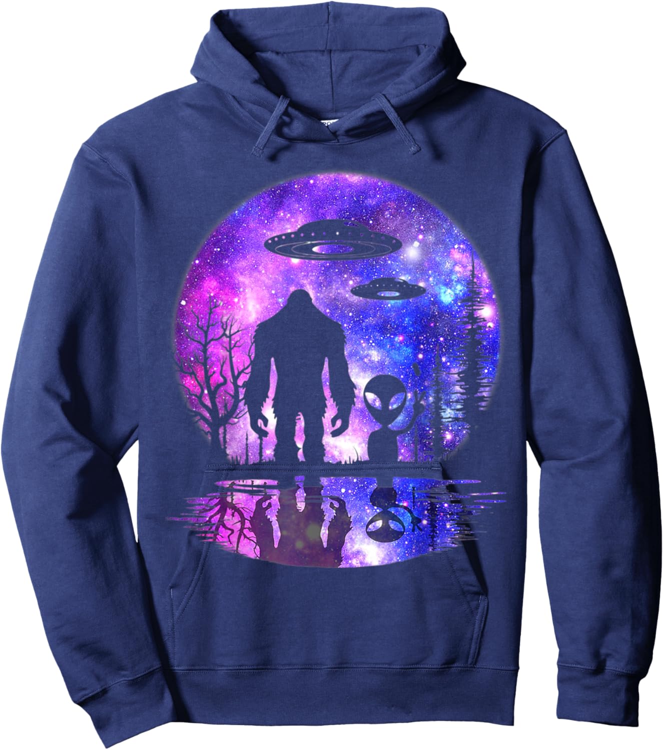 Alien And Bigfoot Full Moon Sasquatch UFO Hoodie - Hoodie | Navy