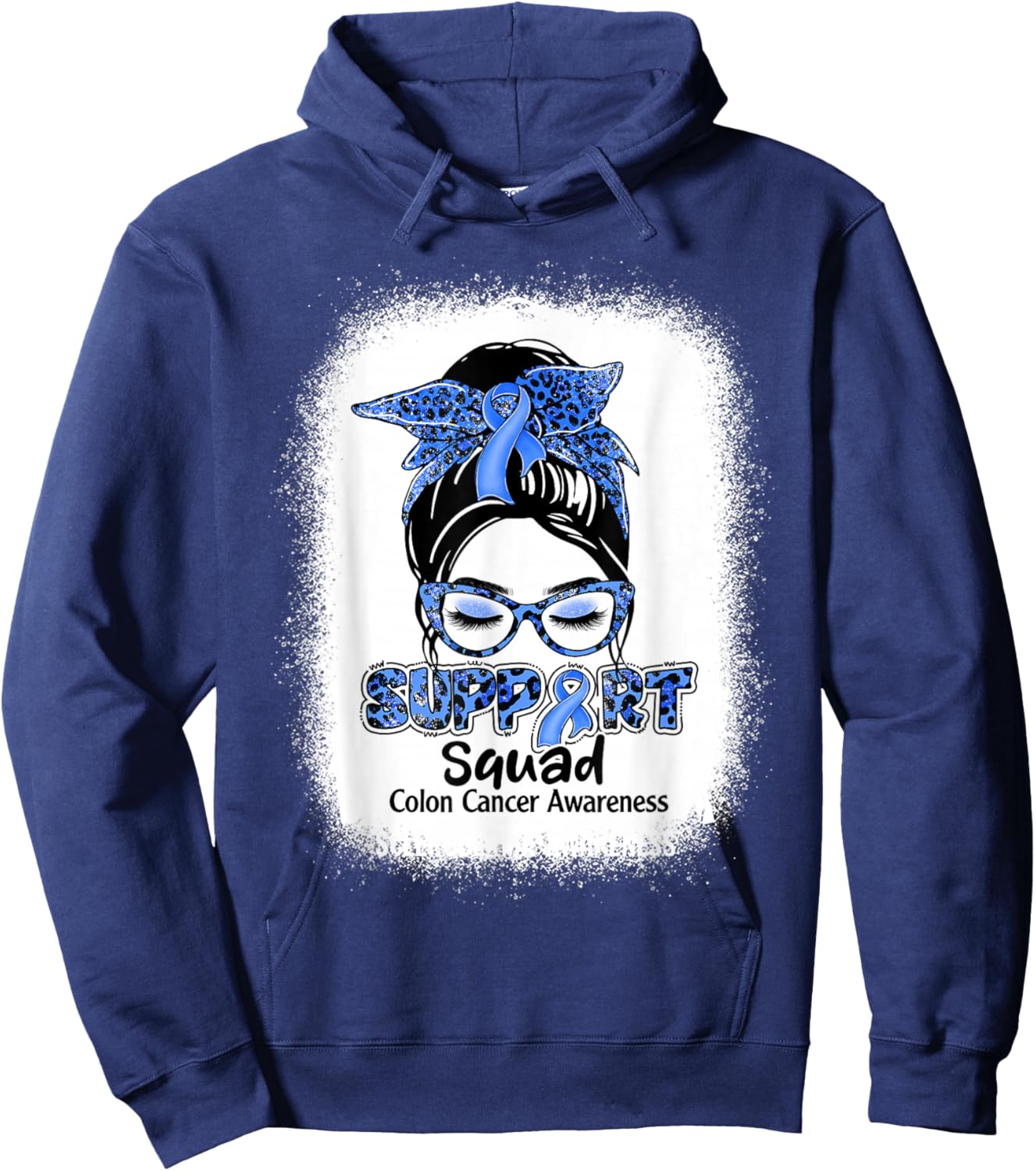 Support Squad Messy Bun Blue Ribbon Colon Cancer Awareness Hoodie - Hoodie | Navy
