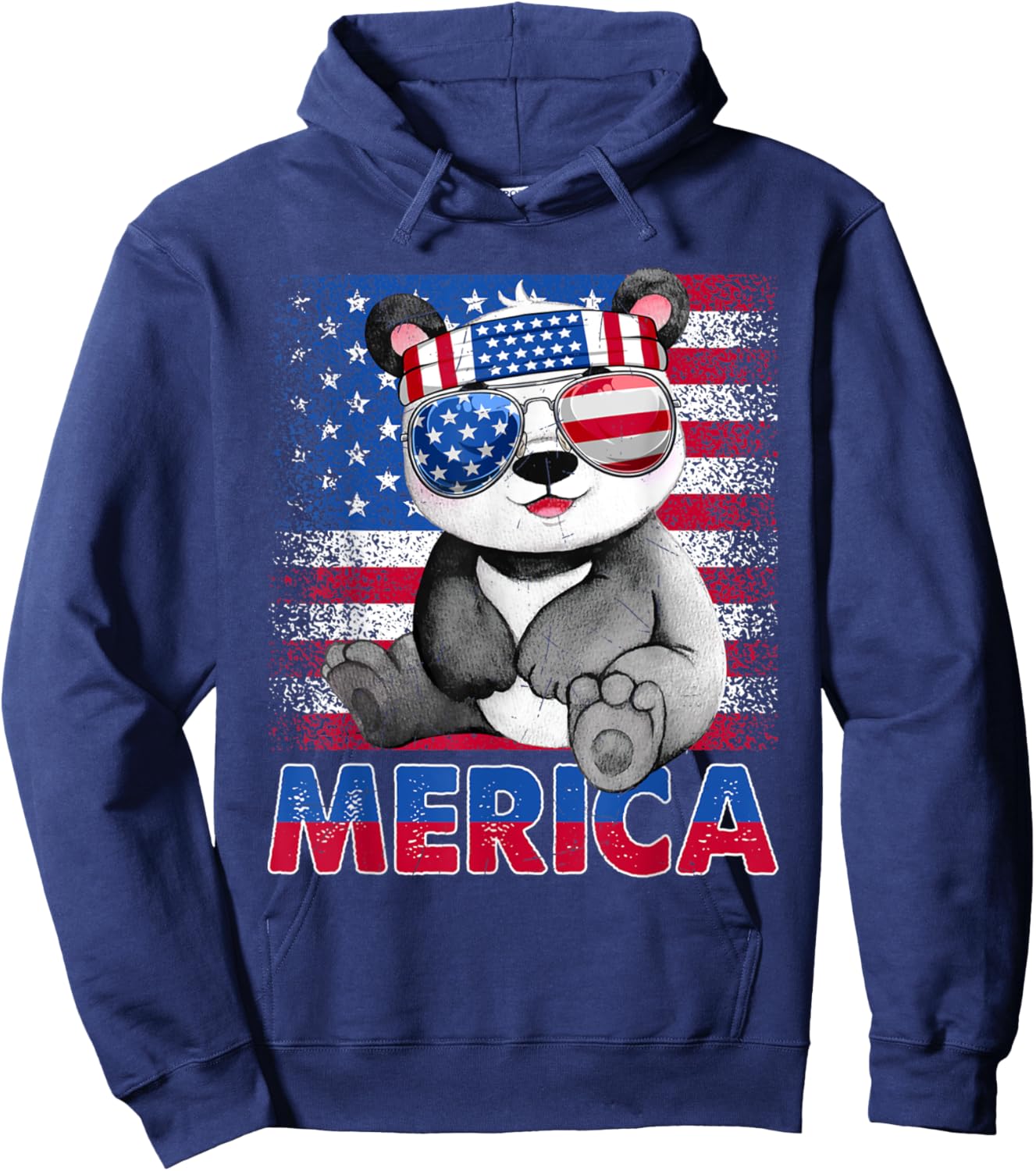 Funny Merica Panda Bear With USA Flag Headband 4th Of July Hoodie - Hoodie | Navy