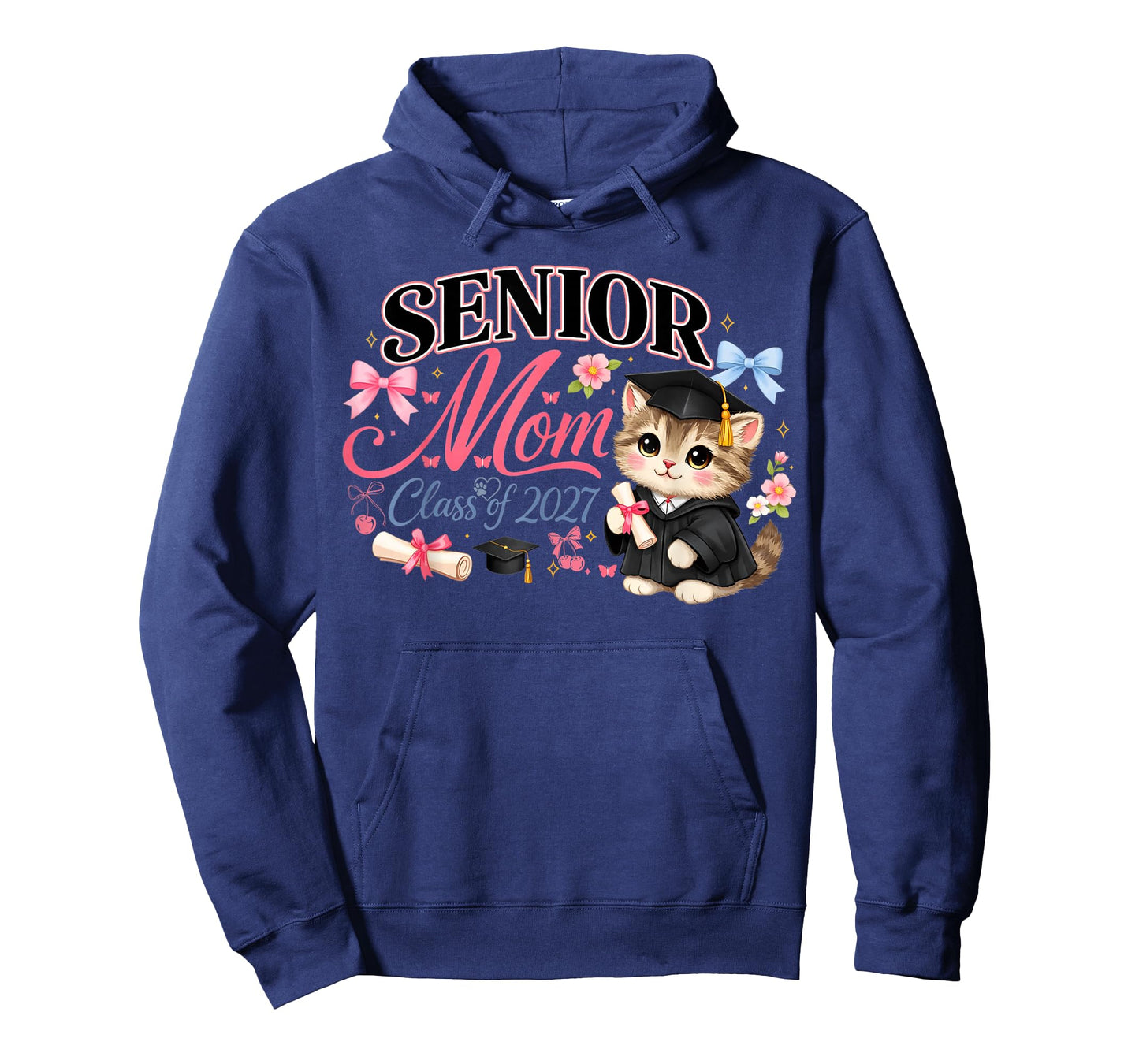 Senior Mom Class of 2027 Cute Cat Graduation Pink Bows Girls T-Shirt