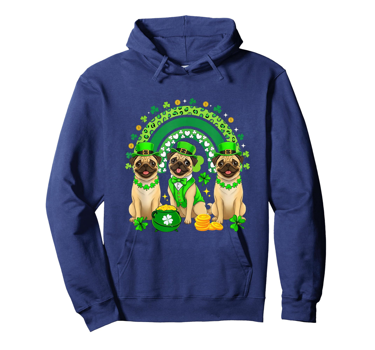 Three Cute Pugs St. Patrick's Day Shamrocks Rainbow T-Shirt
