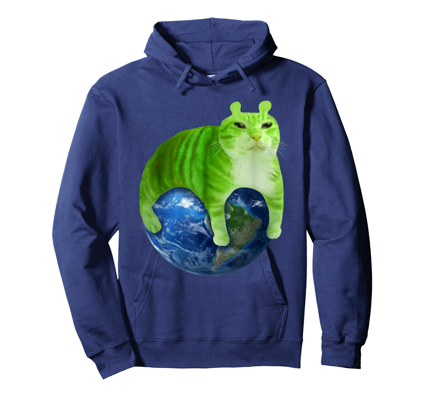 Green Space Cat Sitting On Earth Funny Cosmic Planet Art T-Shirt