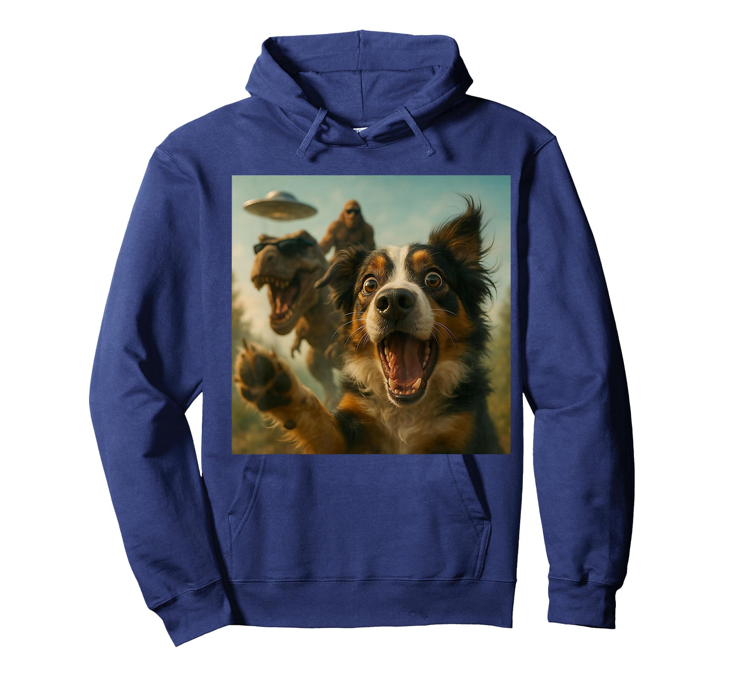 Shocked Australian Shepherd Dog T-Rex Bigfoot UFO Selfie T-Shirt
