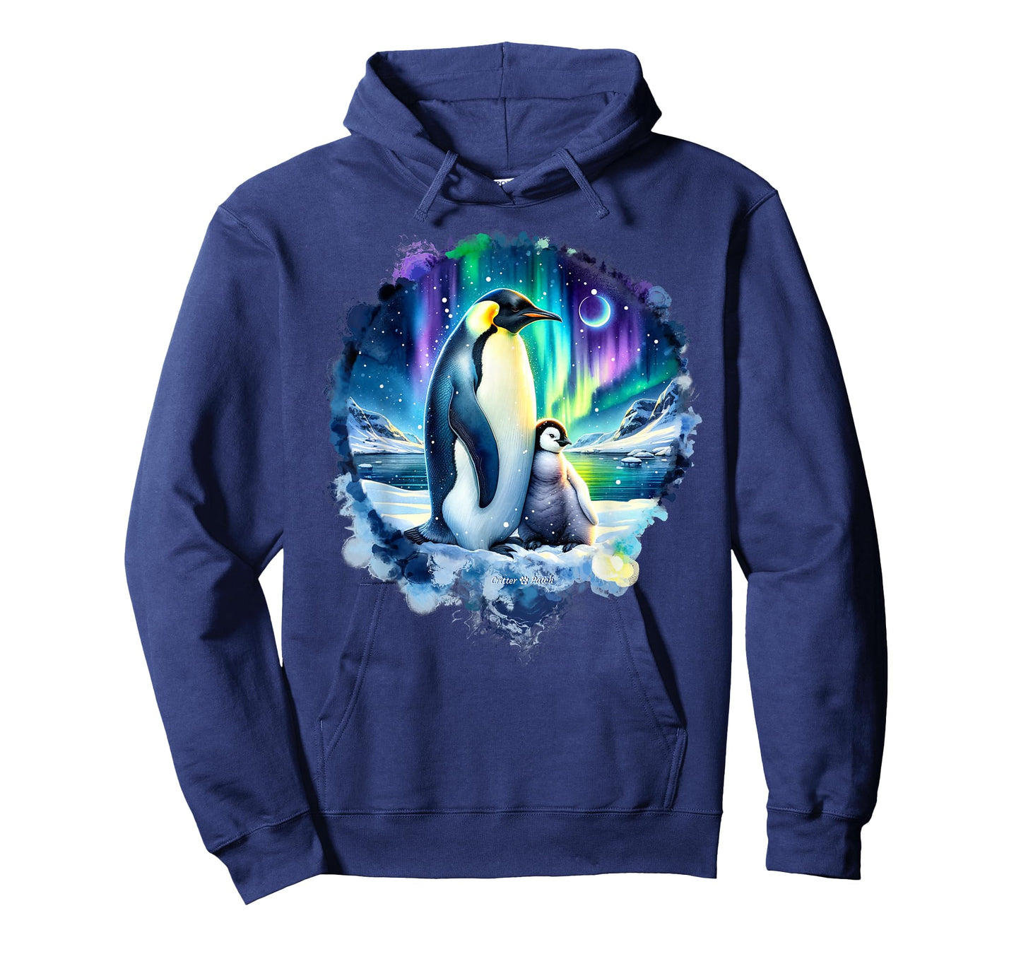 Emperor Penguin and Baby in Arctic Snow with Northern Lights T-Shirt