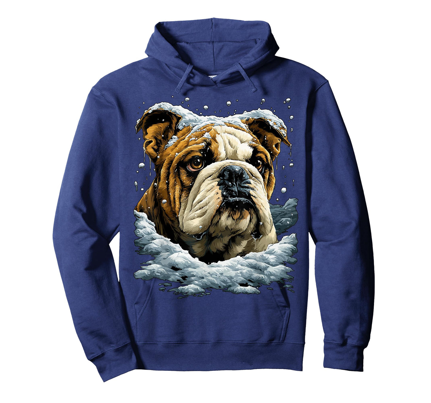 Snowy British Bulldog with Snow and Snowflakes Winter Dog T-Shirt