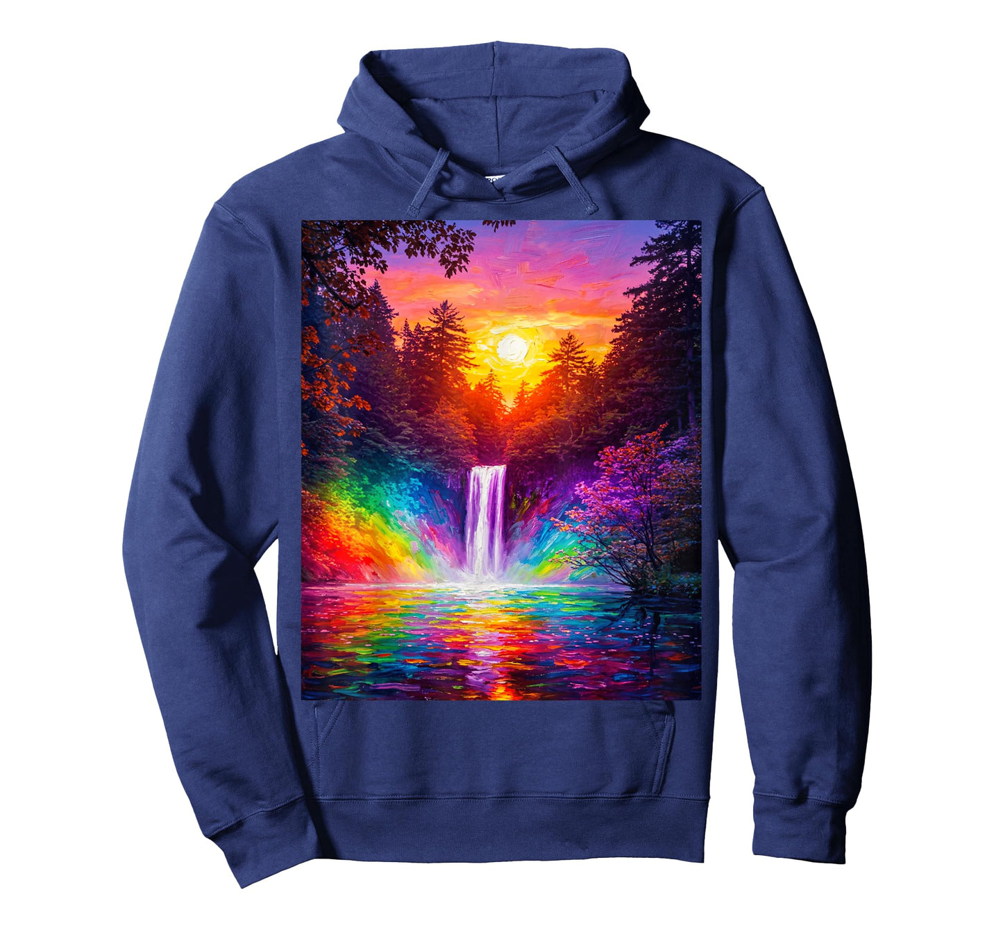 Moon Night Waterfall Abstract Art Forest Trees Painting T-Shirt