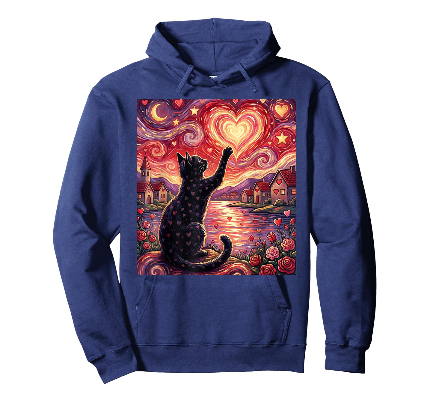 Starry Nights Cat Valentine Love-Hearts Roses Van-Gogh T-Shirt