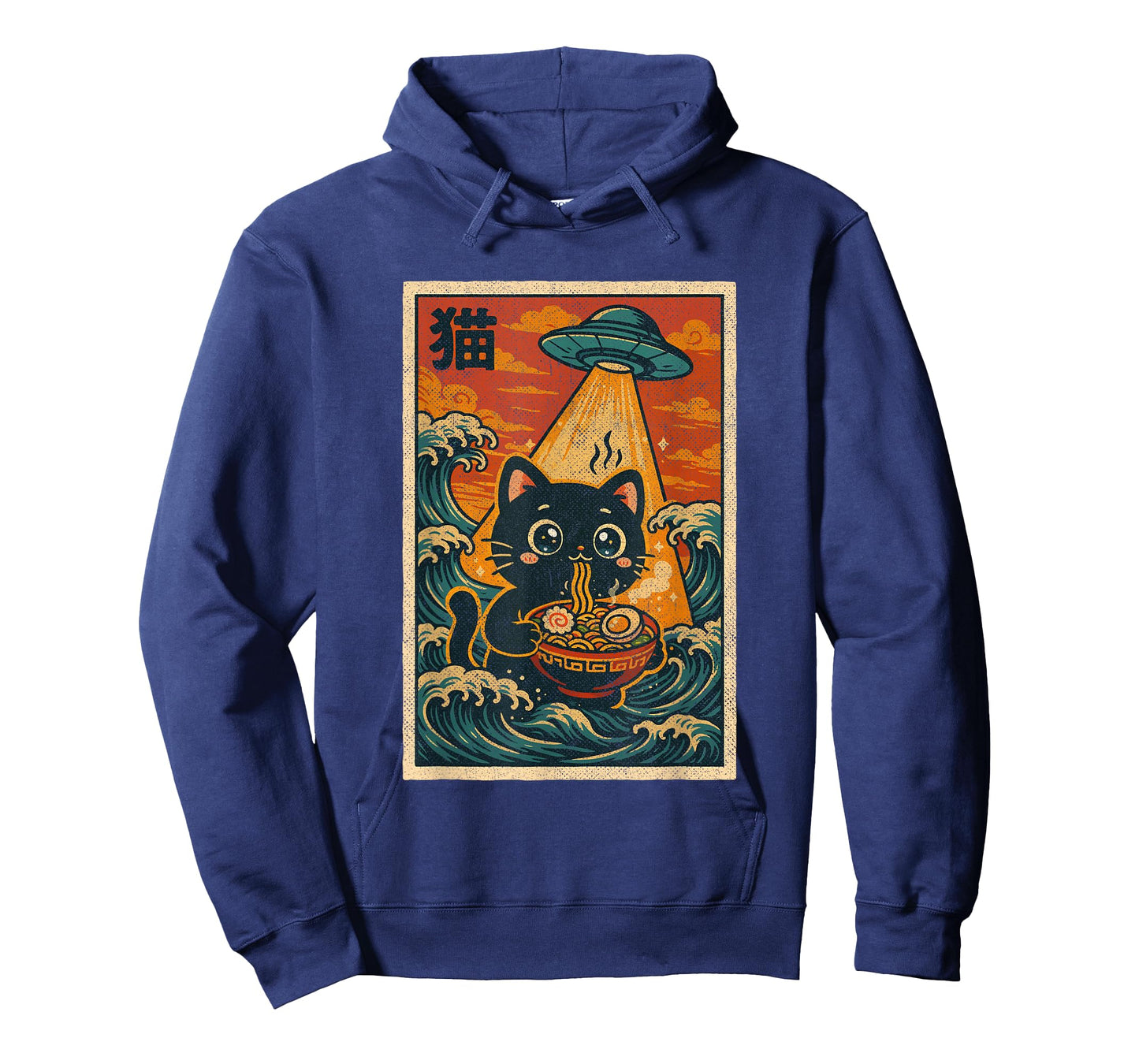 Vintage Japanese Anime Ramen Ukiyo-e UFO Funny Kawaii Cat T-Shirt