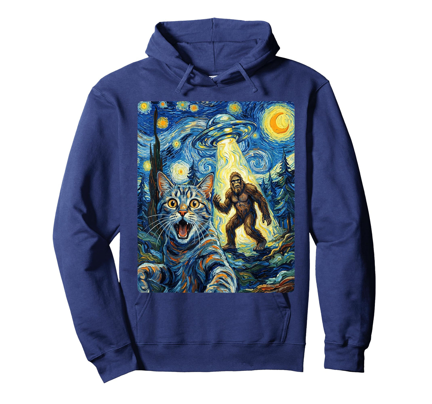 Cat Selfie with Bigfoot & UFO | Funny Sasquatch Cat Van Gogh T-Shirt