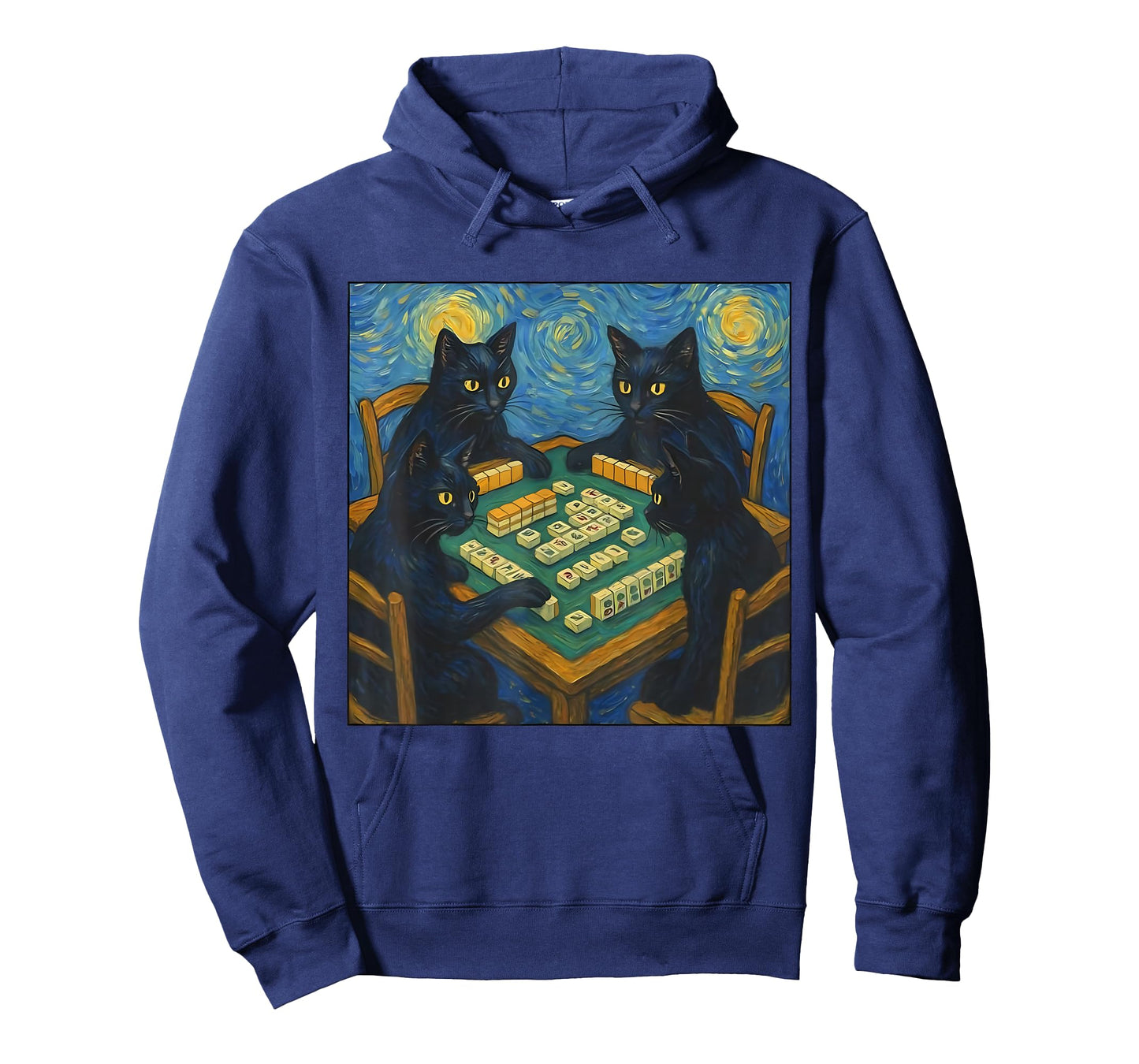 Van Gogh Starry Night Cat Playing Mahjong Chinese Tile Game T-Shirt