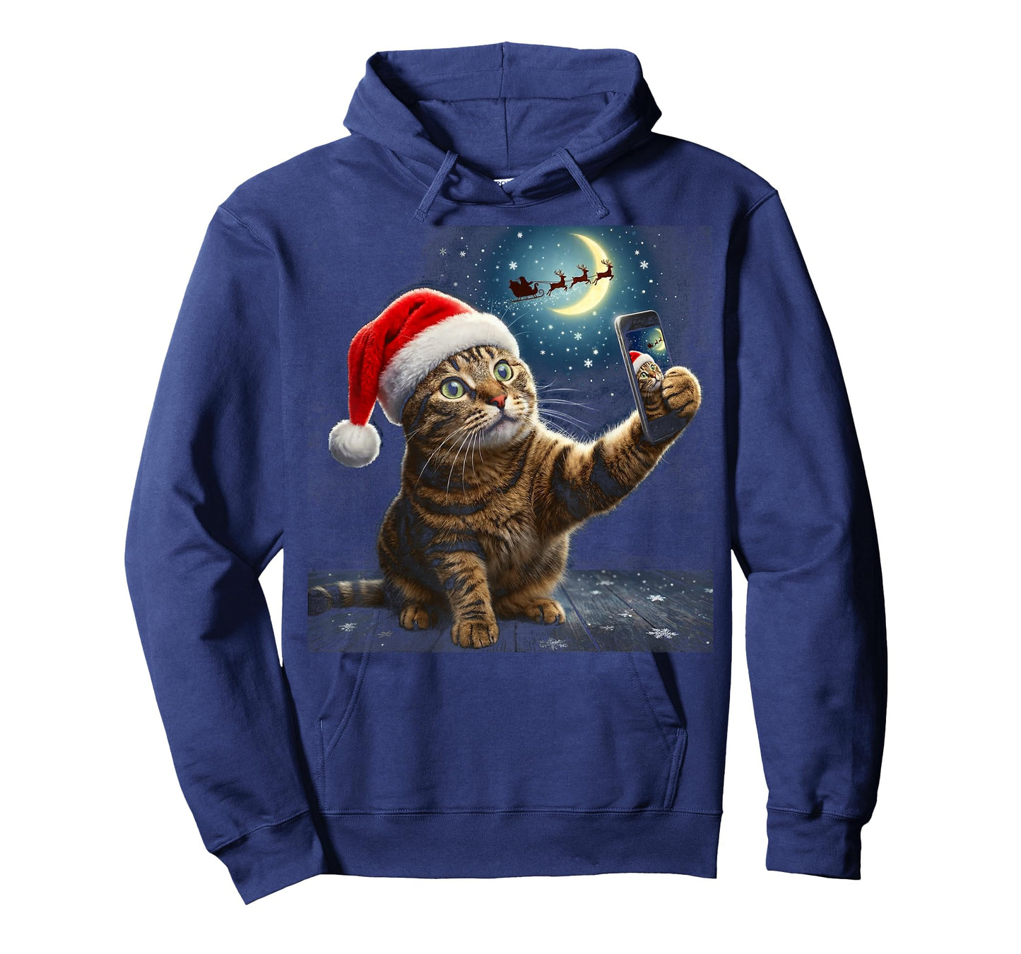 Funny Cat Christmas Selfie Santa Sleigh Graphic T-Shirt