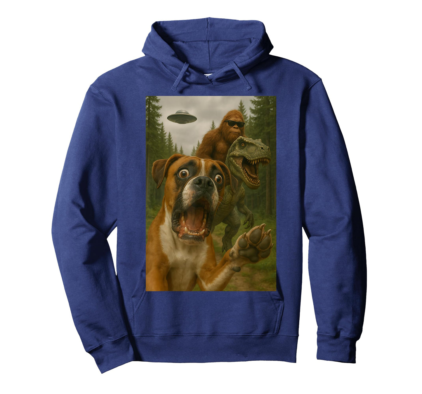 Shocked Boxer Dog T-Rex Bigfoot UFO Terrified Selfie Design T-Shirt