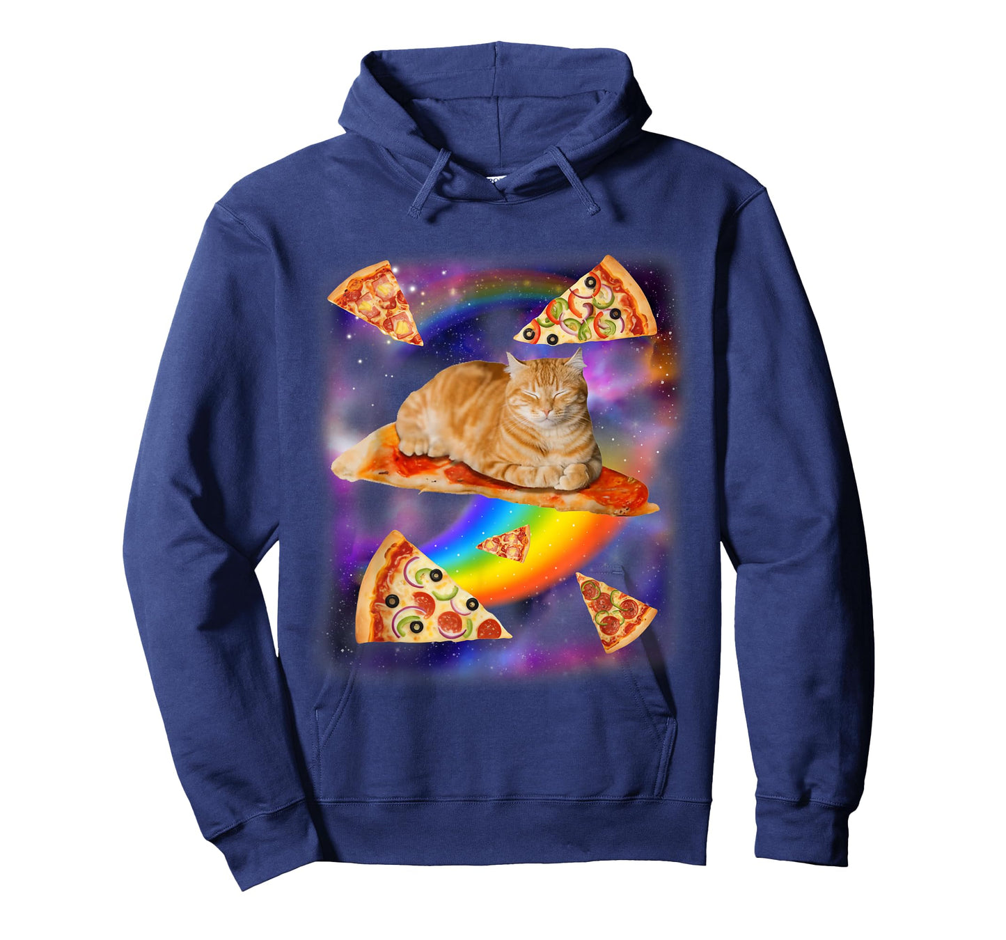 Funny Cat Riding Pizza Galaxy Cat in Space with Rainbows T-Shirt