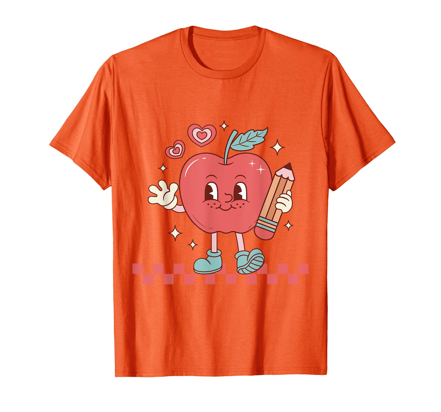 Cute Retro Checkered Apple with Face Teacher Pencil Trendy T-Shirt